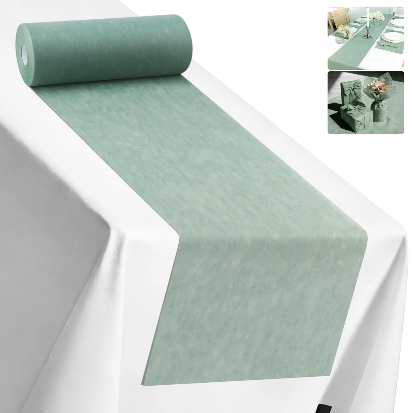 ddckj Vlies Tischläufer Eukalyptus Grün 30cm x 35m Tischläufer Salbeigrün Dekoratives Tischband für Taufen, Kommunionen, Hochzeiten, Geburtstage, Weihnachten und andere Feierlichkeiten, 30g/㎡