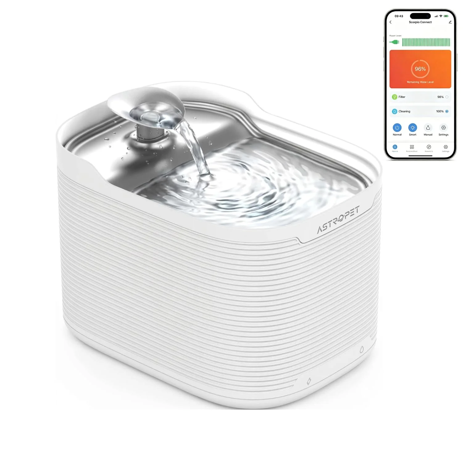 AstroPet Scorpio Katzenbrunnen Kabellos mit App Steuerung | 2,5L Trinkbrunnen für Katze & Hunde,5200mAh Akku,180° Bewegungssensor,Edelstahl Trinkschale,Leise Pumpe