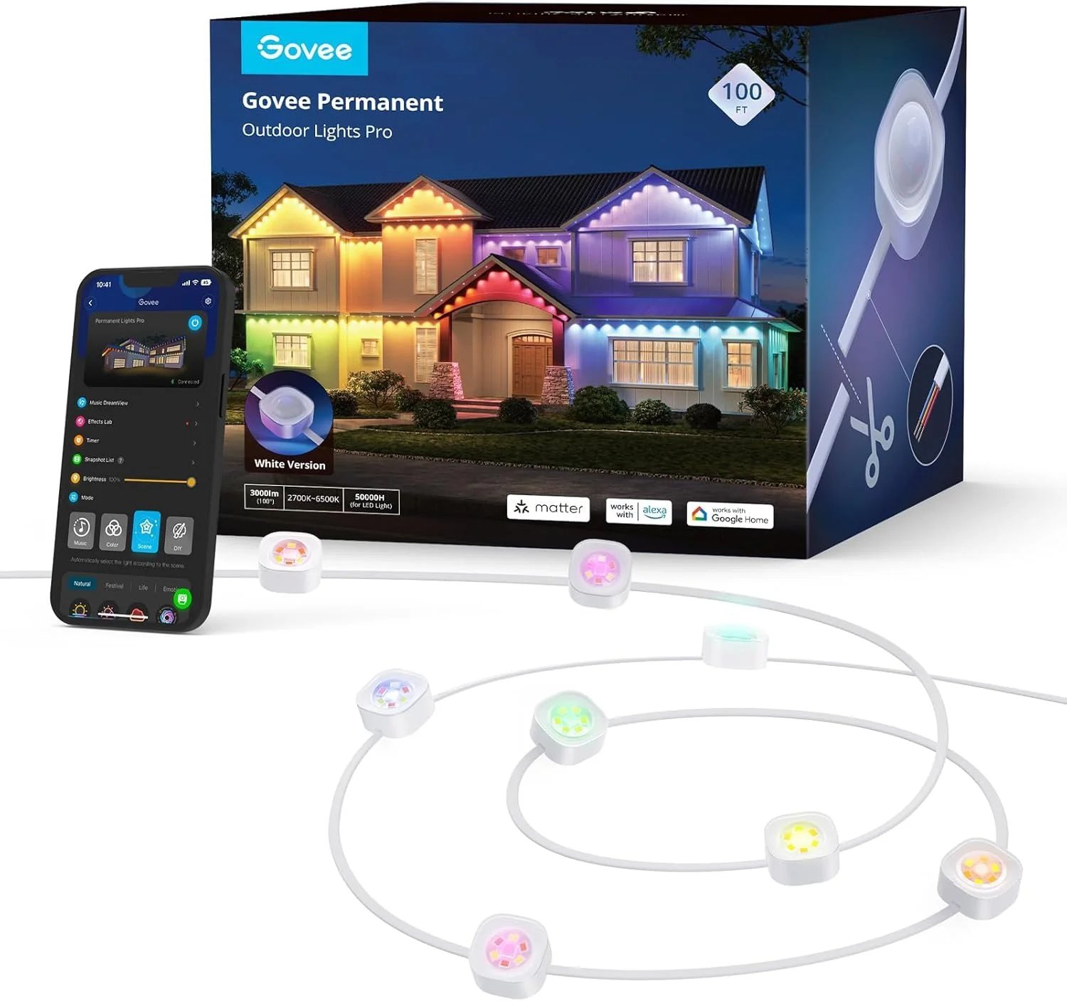 Govee Permanent Outdoor Lights Pro 30m, RGBIC Mit 60 LED IP67 Wasserdicht | Smart Outdoor Lights Warm/Kaltweiß LED Leuchten, 75 Szenenmodi für Party, funktioniert mit Alexa, Google Assistant, Matter