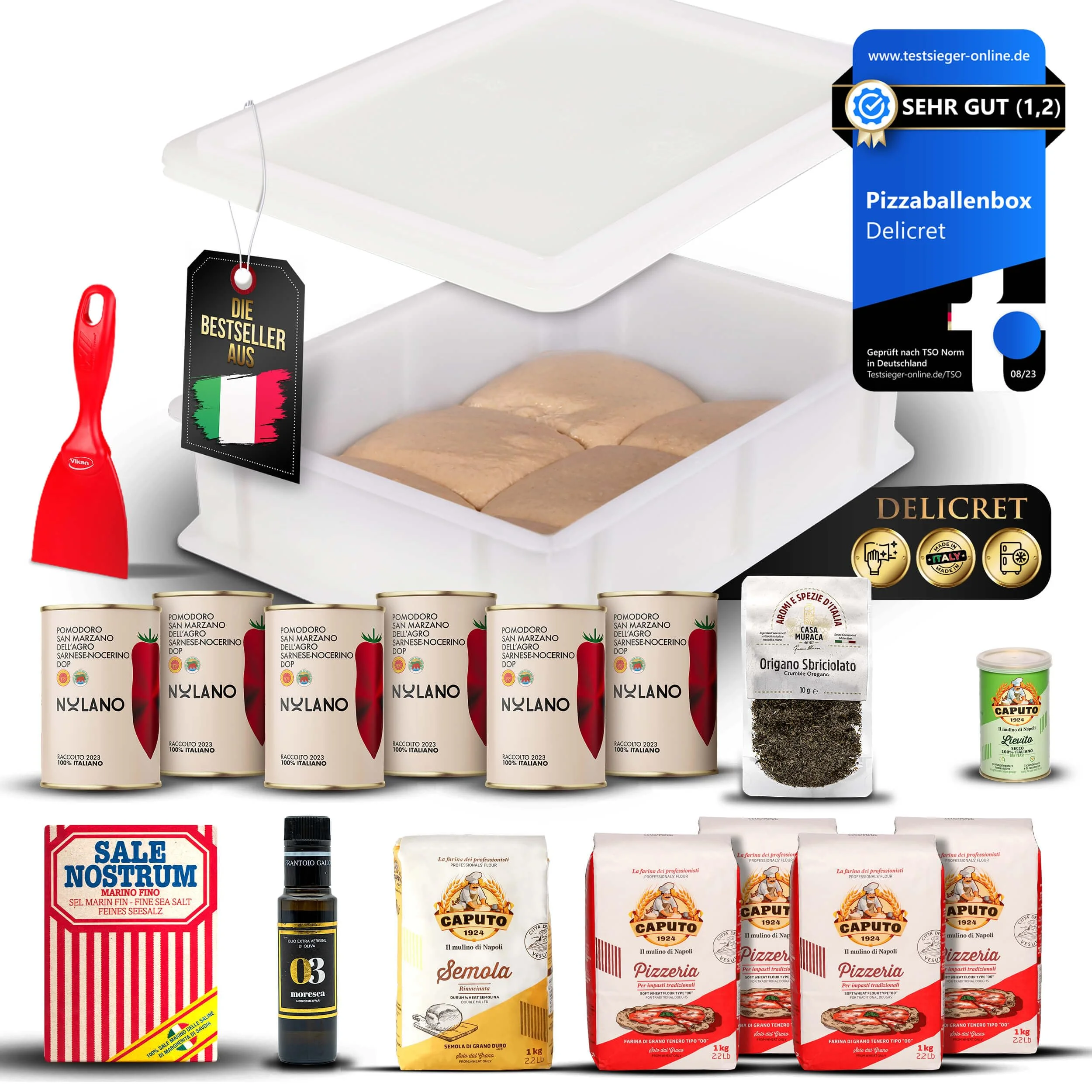 DELICRET Pizza Culinari Premium Set mit Pizzaballenbox & Caputo Zutaten | Mit Caputo Pizzeria, Semola, San Marzano DOP, Olivenöl, Meersalz, Oregano, Hefe, Pizzaballenbox, Pizza-Guide & Videokurs.