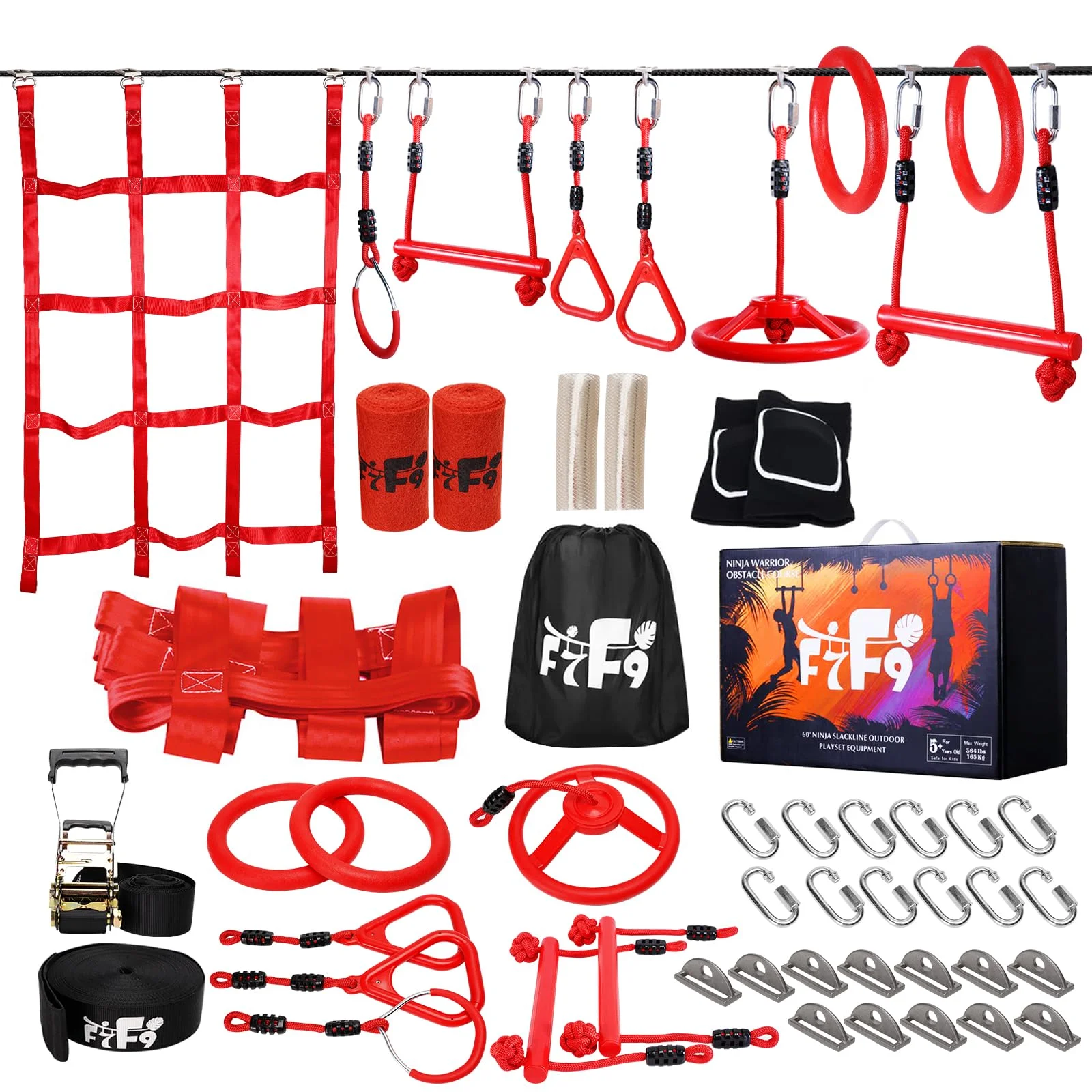 18 Meter Langer Ninja-Warrior-Hindernisparcours für Kinder – Slackine-Spielset mit Kletterstangen, Tragkraft 165 kg, höhenverstellbar, Trainingsgerät für drinnen und draußen im Garten