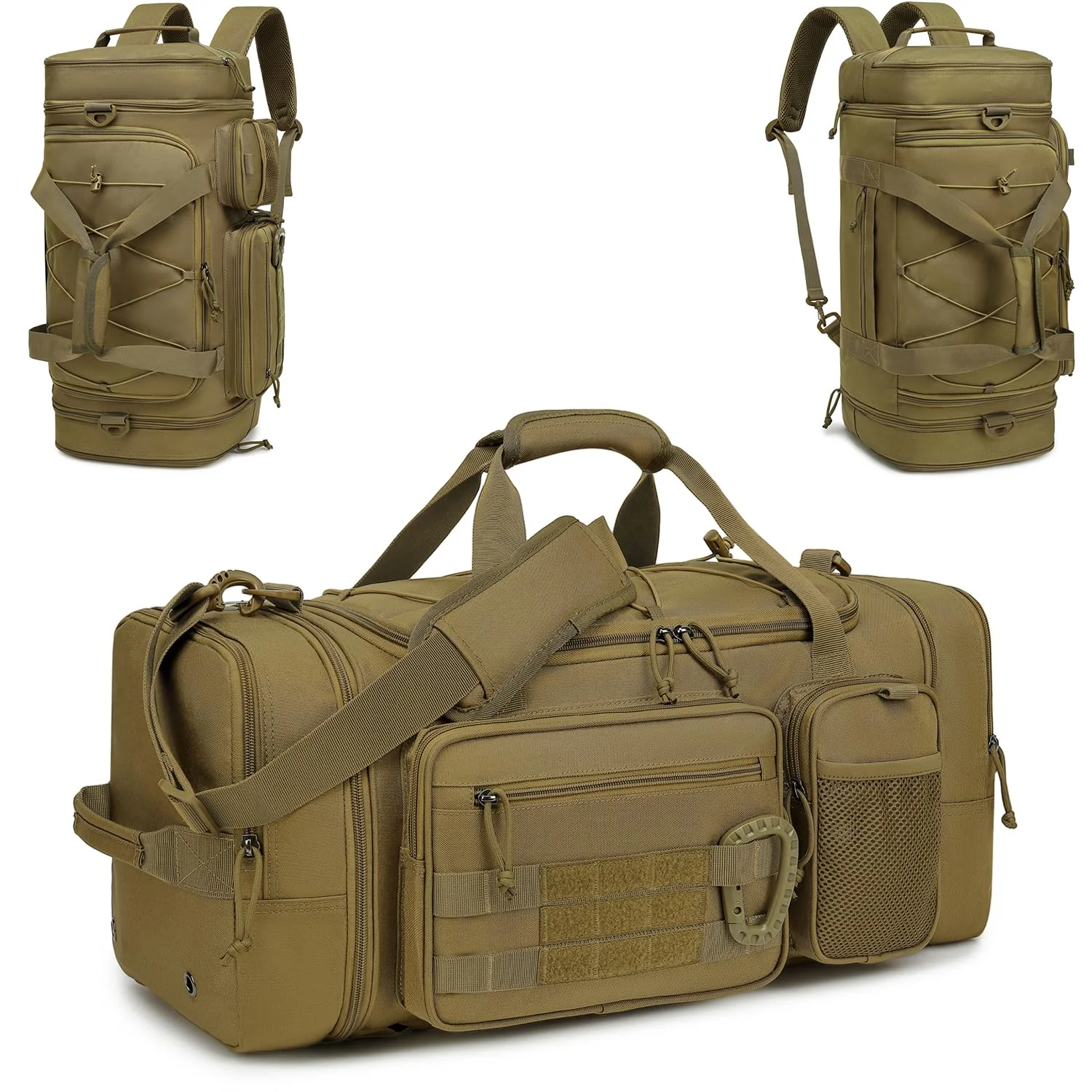 TONRUYN Taktische Reisetasche Sporttasche 40-45L Erweiterbar 3-in-1 Sporttaschen Herren Mittel mit Schuhfach Nassfach und Rucksackfunktion Trainingstasche Damen für Militär Fitness Gym Sauna, Braun