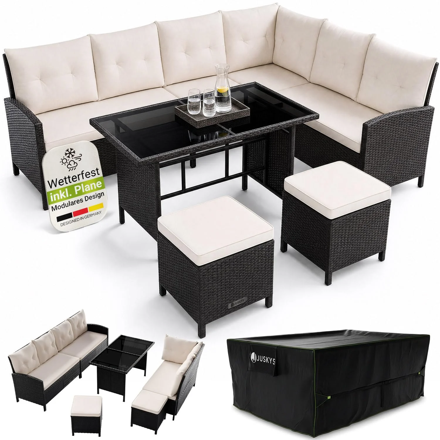 Juskys® Polyrattan Lounge Manacor mit Ecksofa, Esstisch, 2 Hocker & Kissen inkl. Abdeckung - wetterfest bis 7 Personen - Bezüge waschbar - Rattan Garten Sitzgruppe Gartenmöbel Set - Schwarz/Creme