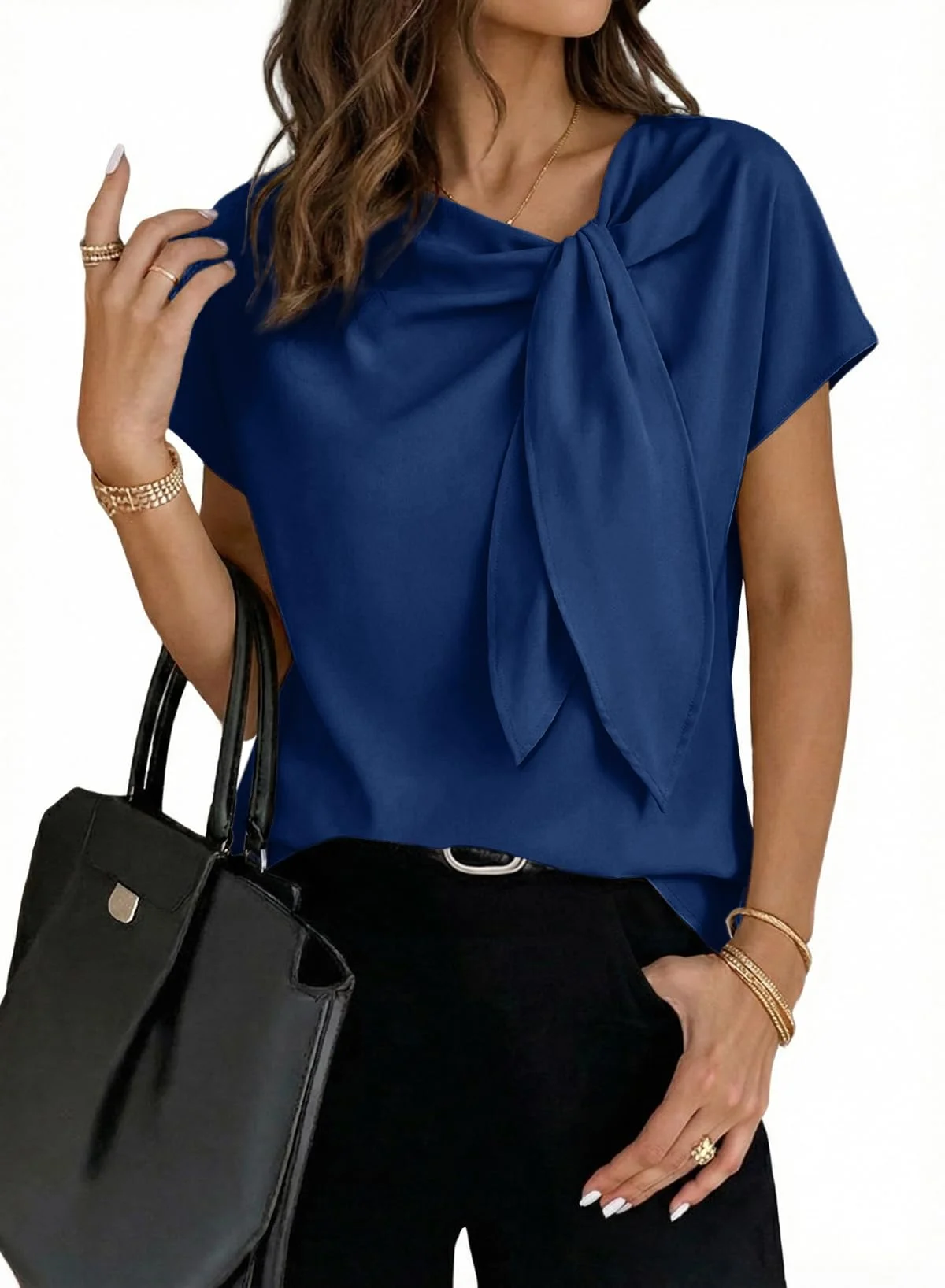 Dokotoo Damen Bluse Chiffon Elegante Oberteile Sommer Kurzarm Shirt | Knoten Vorne Hemdbluse Business Outfit Festliche Blusentops