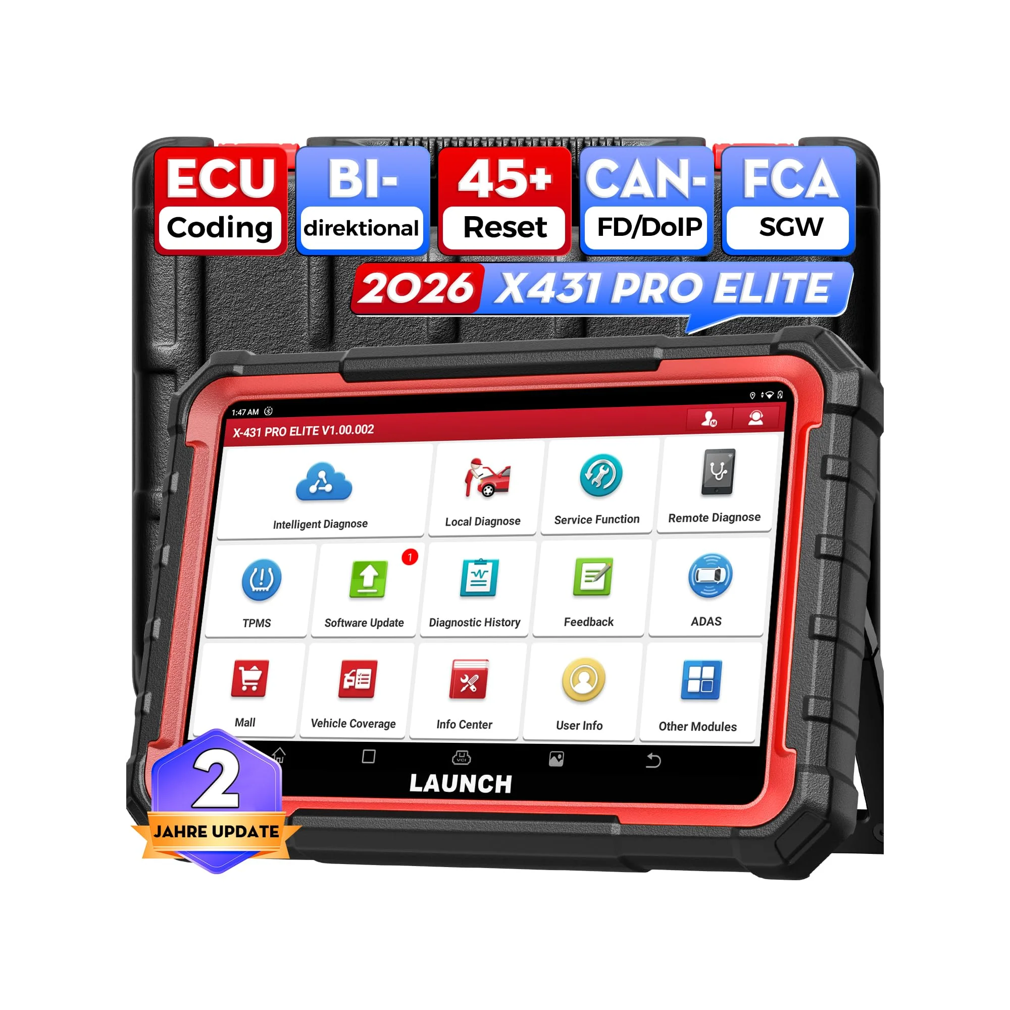 LAUNCH X431 Pro Elite OBD2 Diagnosegerät Auto, ECU Online Codierung | Bidirektionales, 45+ Servicefunktionen, Voll Systemdiagnose, CAN FD&DoIP, FCA Autoauth, V.A.G Guided, 2 Jahre Update