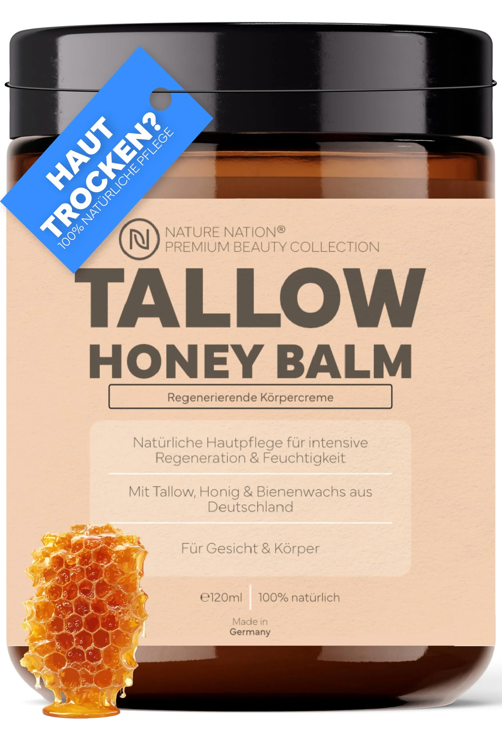 Tallow Rindertalg Creme Honig: Beef Tallow Balm + Bienenwachs & Vitamin E | Honig & Bienenwachs aus deutscher Imkerei, aus Weidehaltung, für Gesicht, Körper & Hände, ohne Zusatzstoffe