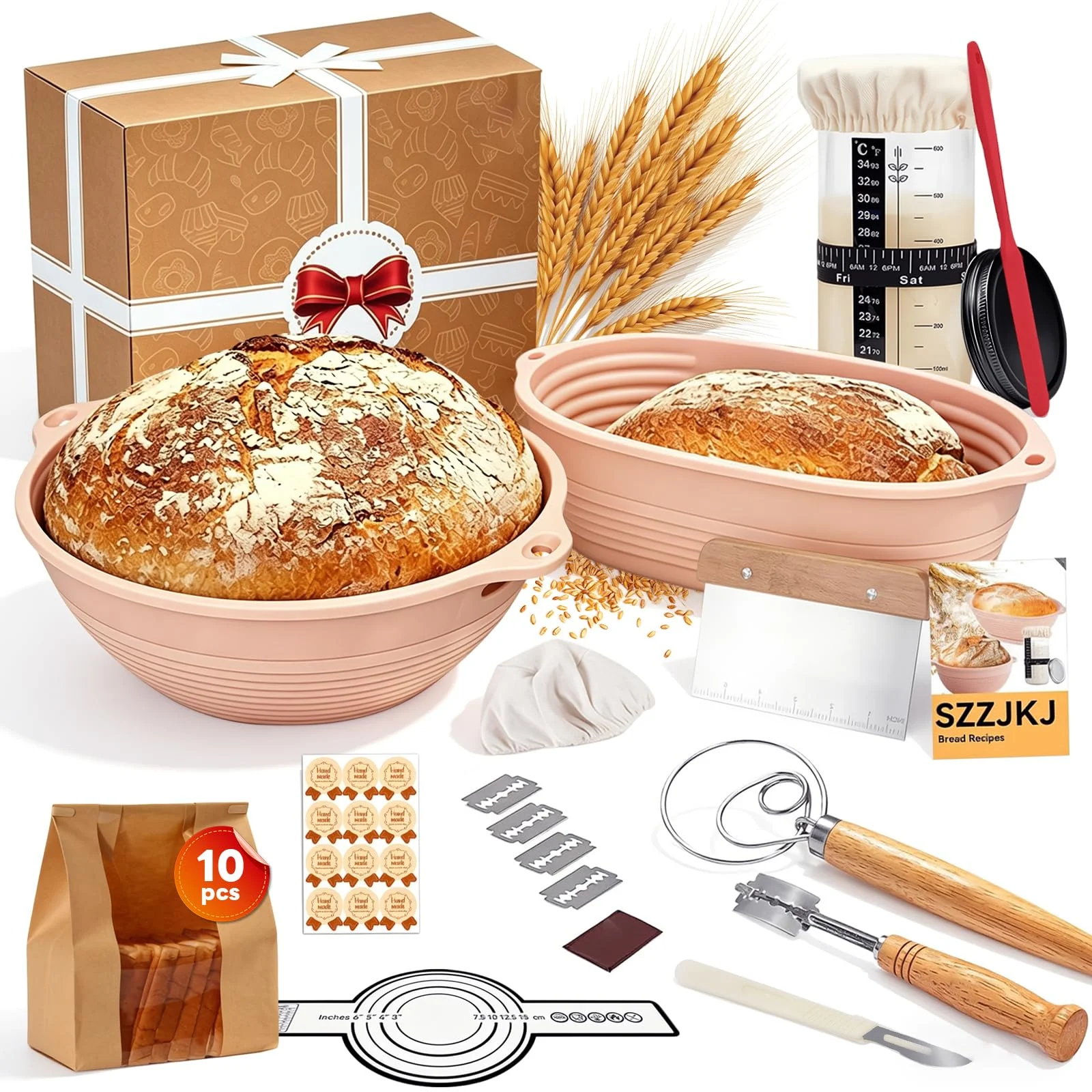 Biigdan 24 Stück Sauerteig Starter Set,Klappbare Brotbackset mit 23cm Rund,25cm Oval Silikon Gärkörbchen,Brotbackzubehör mit 650ml Sauerteig Glas,Komplettes Sourdough Kit für Anfänger,Erfahrene Bäcker