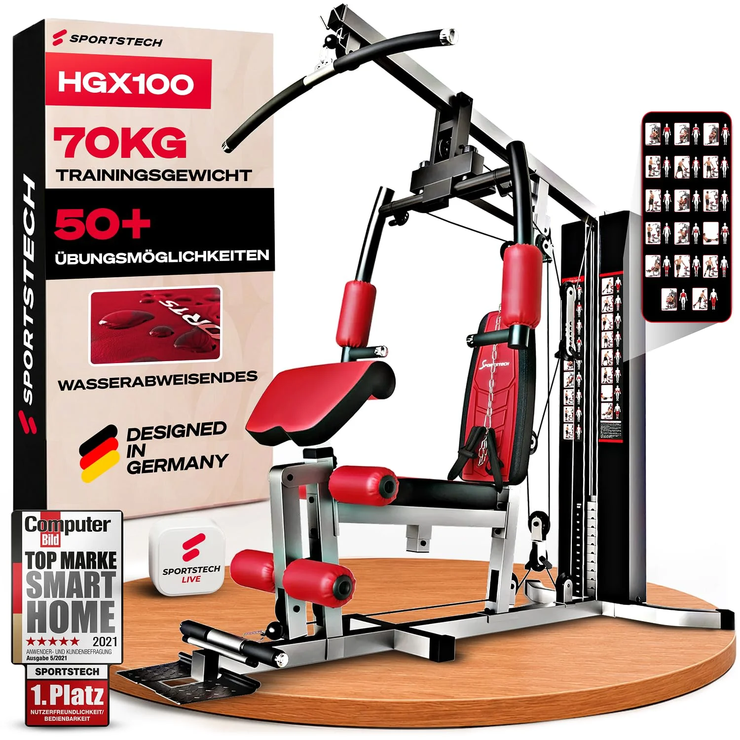 Sportstech, Kraftstation + 80 kg Gewichtsblock, Ganzkörper HGX100/HGX300 | Ideal als Home Gym für Zuhause: über 45 Übungen, Latzugturm, Kabelturm, Butterfly, Bankdrücken, Beinstrecker & Dip-Station