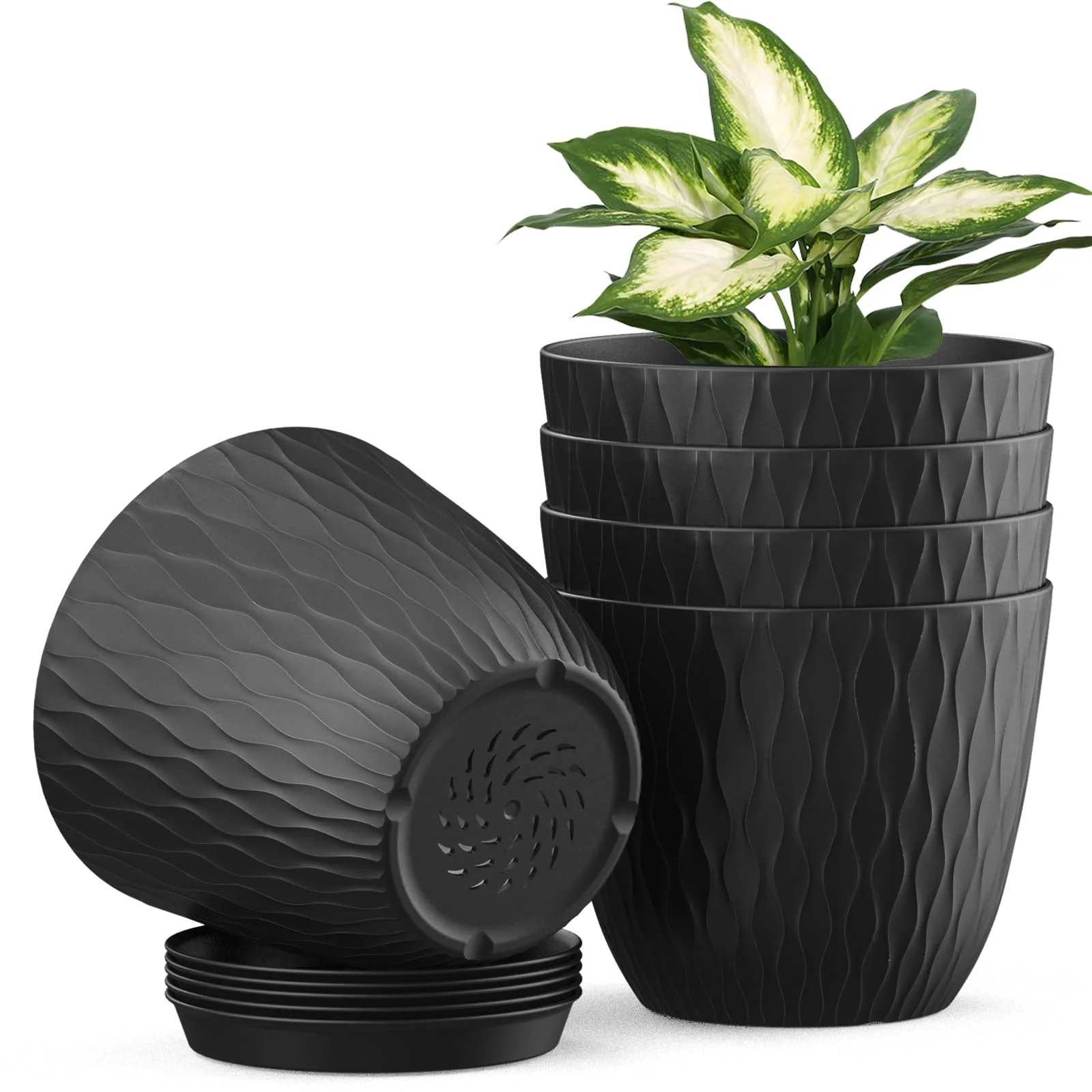 Homeuouz 5 Packs Blumentopf mit Bewässerungssystem, 15.3cm Pflanzentopf mit Bewässerungssystem, Übertopf mit Untersetzer, Blumentöpfe Set Ideal für Innen und Balkongärten, Schwarz