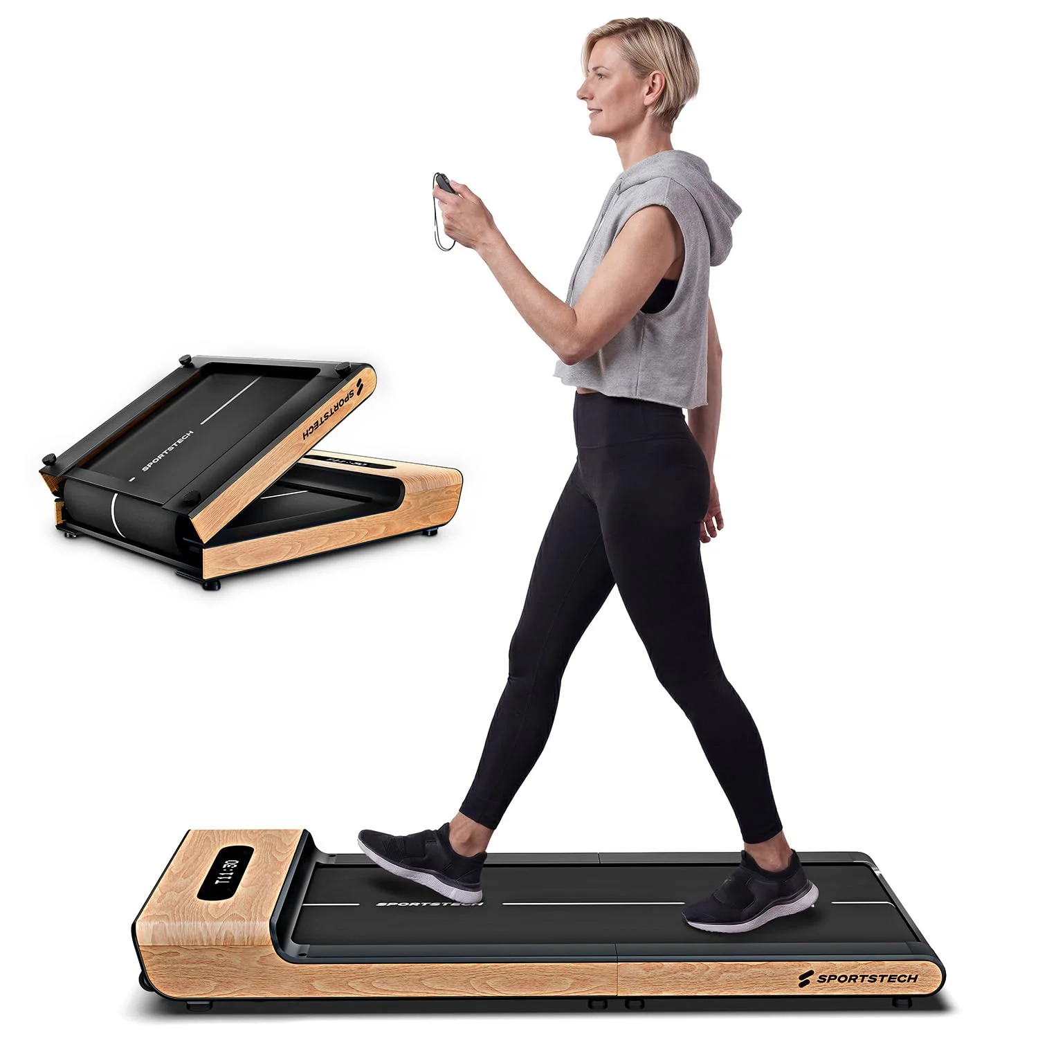 Sportstech Walking Pad Echtholz, 150kg, klappbar fürs Büro, 8 km/h, App | Fürs Home Office, Schrittzähler, unter dem Schreibtisch, kompakt, LED-Display, Bluetooth, gelenkschonend, WoodPad Pro