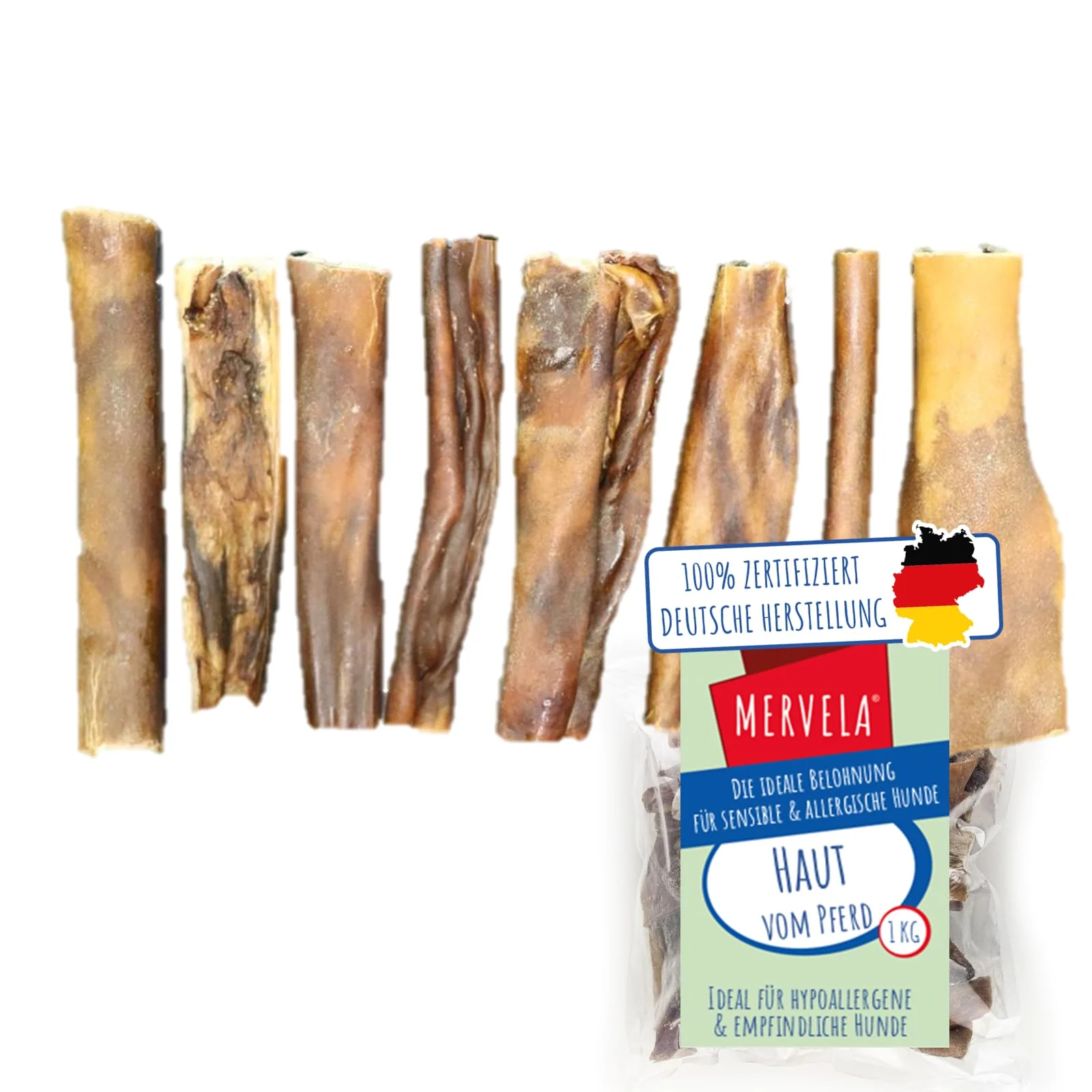 MERVELA Pferdehaut | 100% Pferd pur | 1 Stück | Haut vom Pferd getrocknet | Qualität aus Deutschland | ideal für hypoallergene, allergische und Sensible Hunde