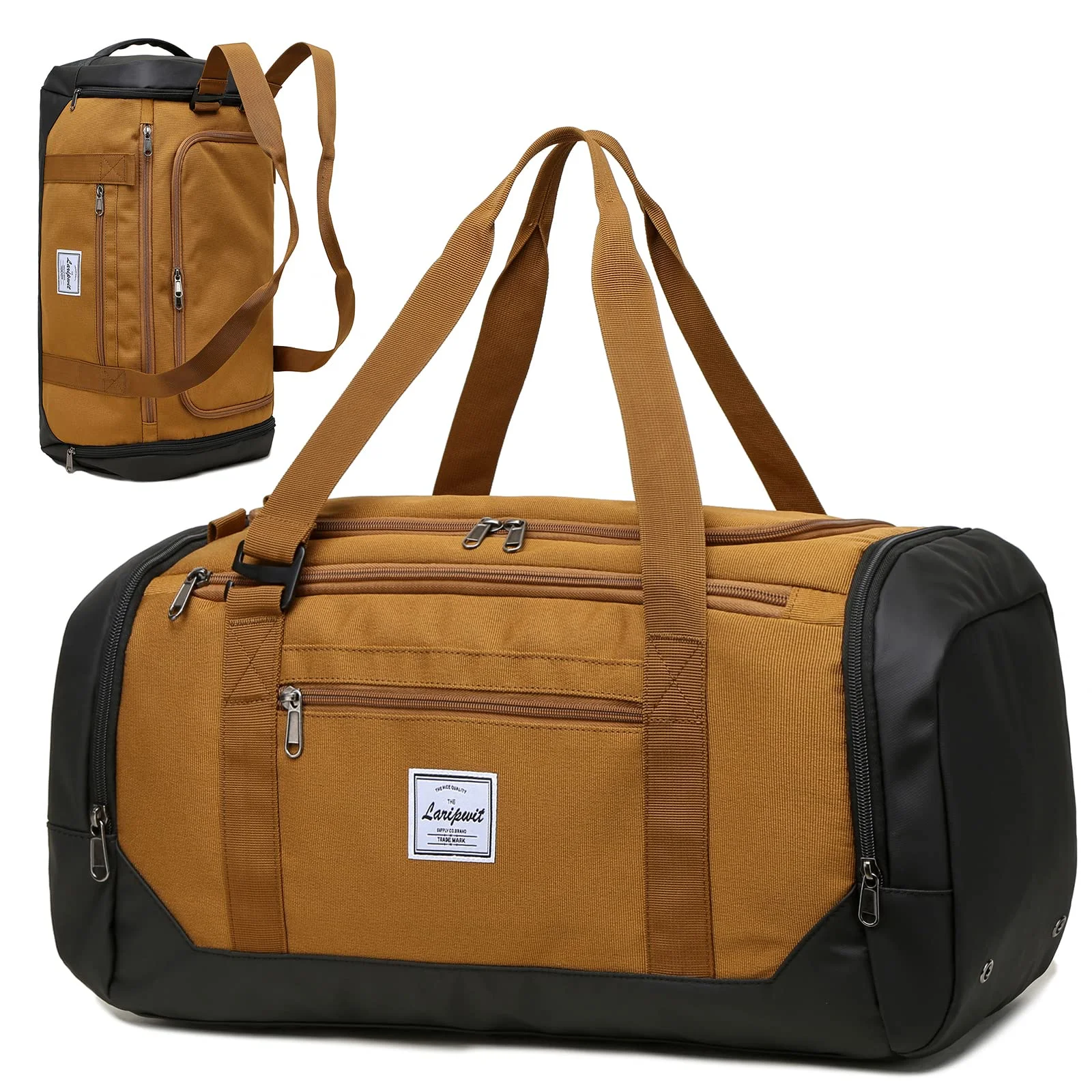 Laripwit Reisetasche Herren 40L Sporttasche mit Schuhfach und Nassfach | Trainingstasche Mittelgroß Weekender Damen Duffel Tasche Rucksackfunktion für Reisen, Camping, Fitness, Sauna, Braun