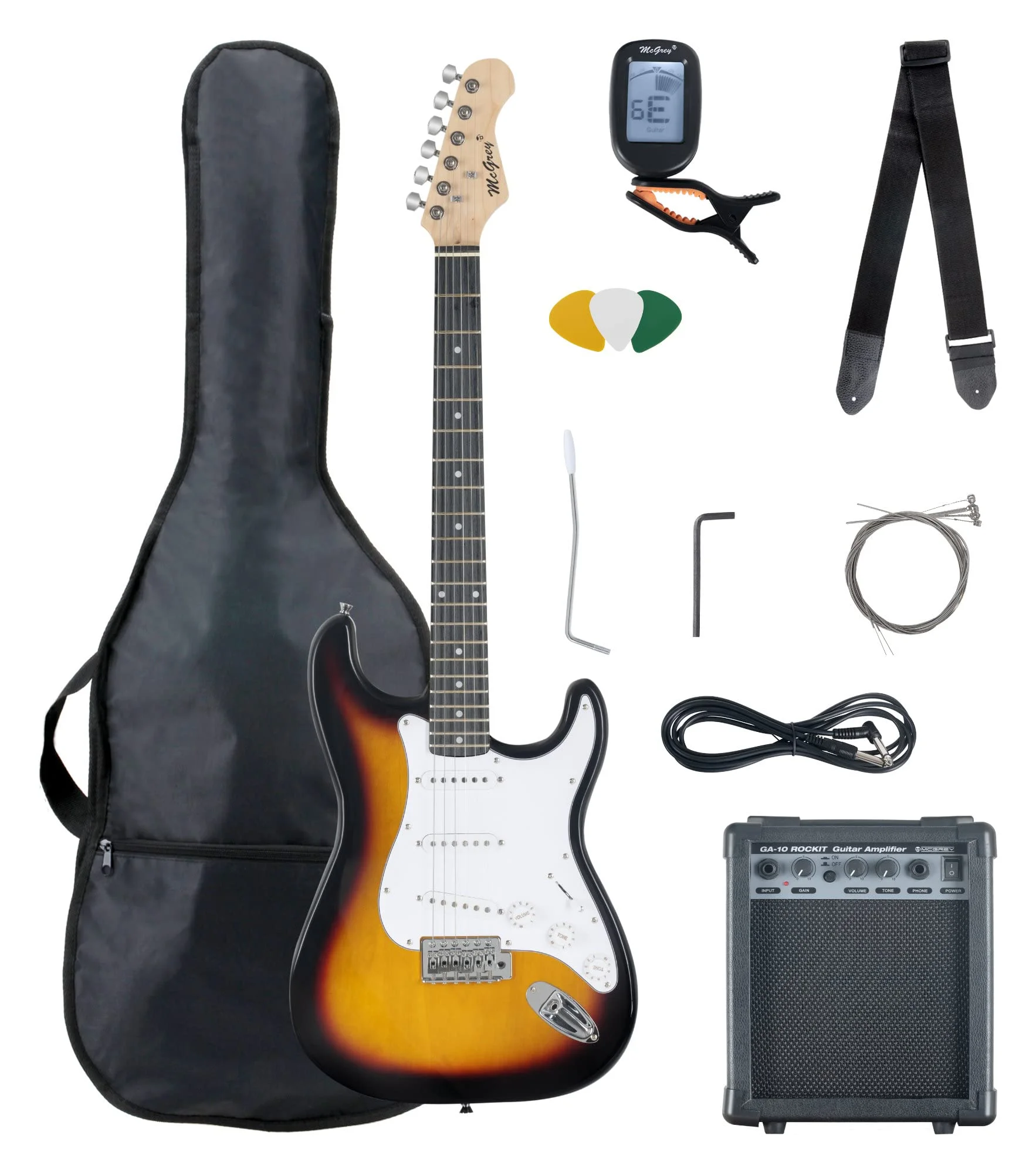 McGrey Rockit ST Komplettset E-Gitarre (8-teiliges Anfängerset mit Gitarre, Verstärker, Ersatzsaiten, Gitarrentasche, Stimmgerät, Plektren, Gurt und Gitarrenkabel) Sunburst