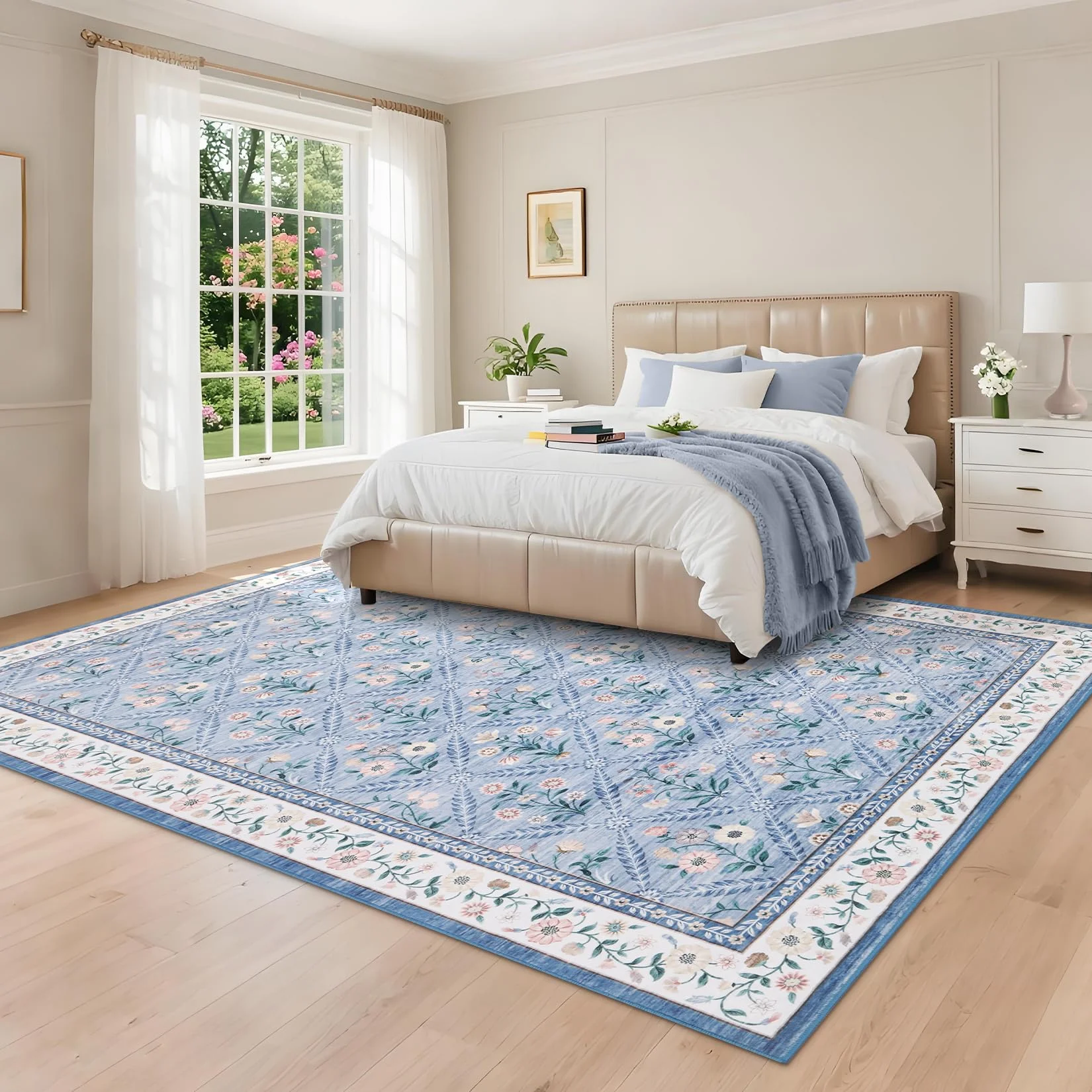 FairyStyle Teppich Wohnzimmer 200x290 cm Kurzflor Vintage Blumen, Blau | Waschbar Blumen Teppich für Kinderzimmer Esszimmer, Vintage Rutschfest Kinderteppich, Rauten Design