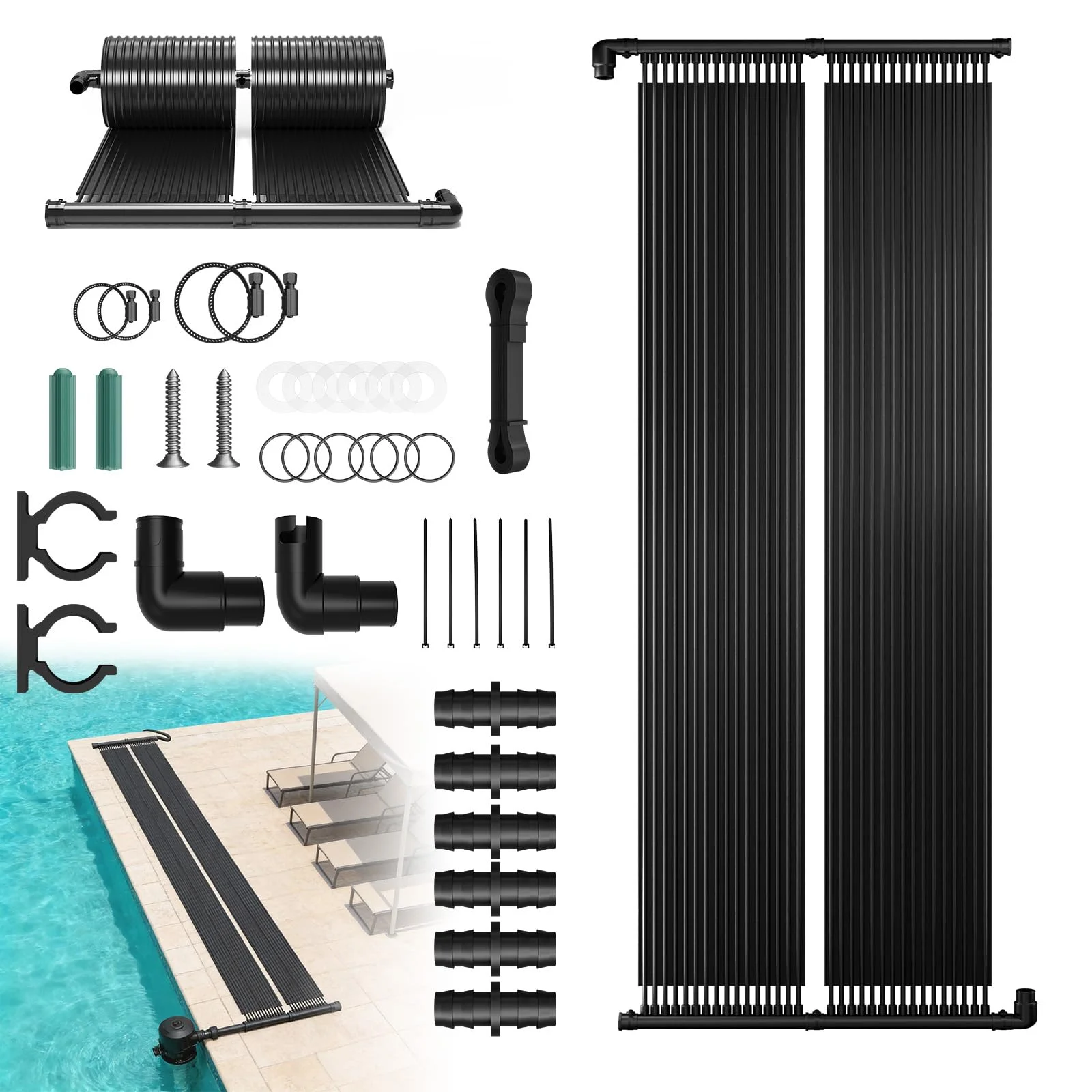 LZQ Solar Poolheizung Set 500x70 cm, Solarheizung Solarkollektor Pool Schwimmbad Solarabsorber Warmwasser mit Schlauchschellen & Rohrverbindern, modular, Heizmatte Solarmatte Sonnenkollektor