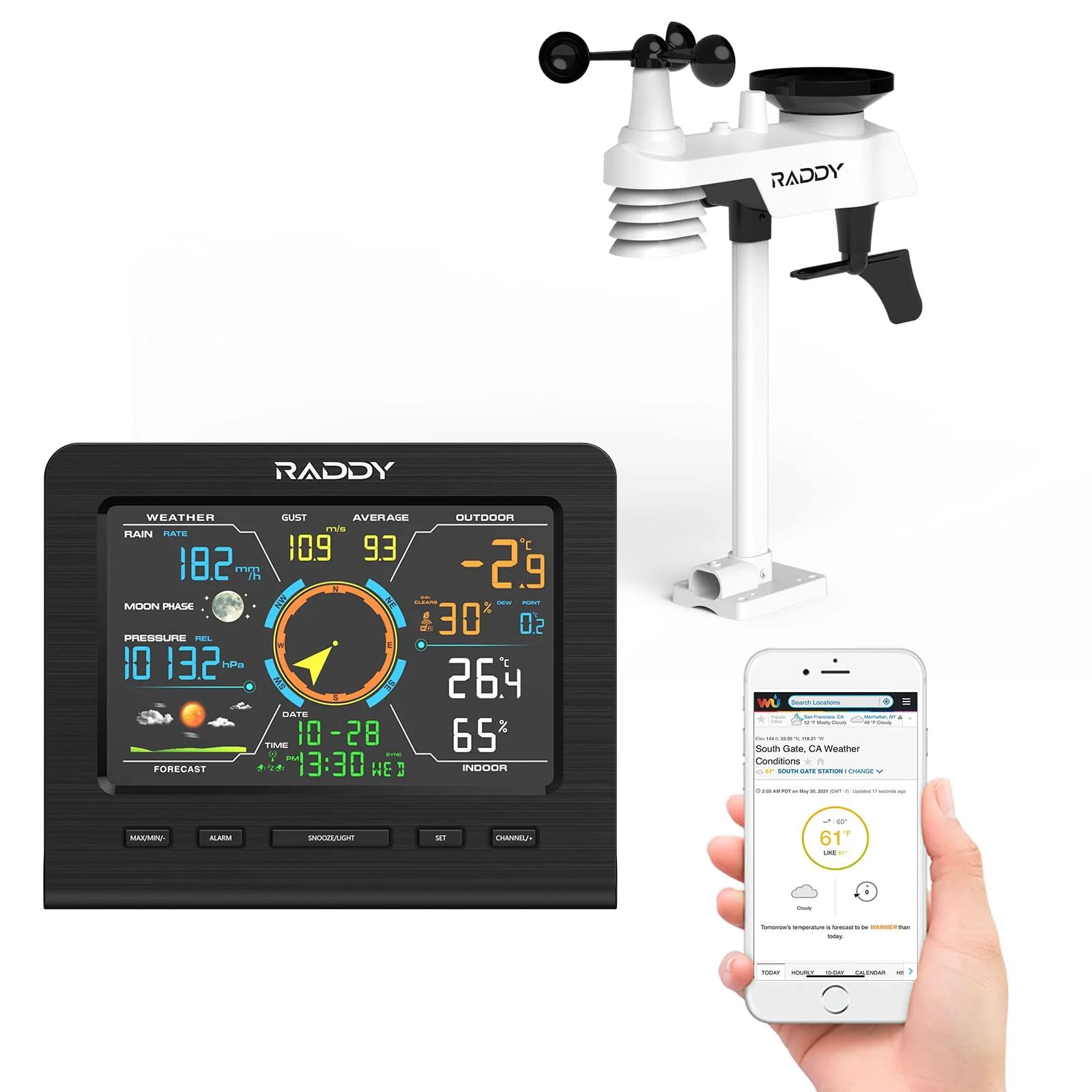 Raddy WF-100C Lite WLAN Wetterstation Funk mit Außensensor, 13-in-1 Profi Wetterstation mit App, Thermometer Innen/Außen, Barometer, Hygrometer, Wind- & Regenmesser, Wettervorhersage für Haus & Garten