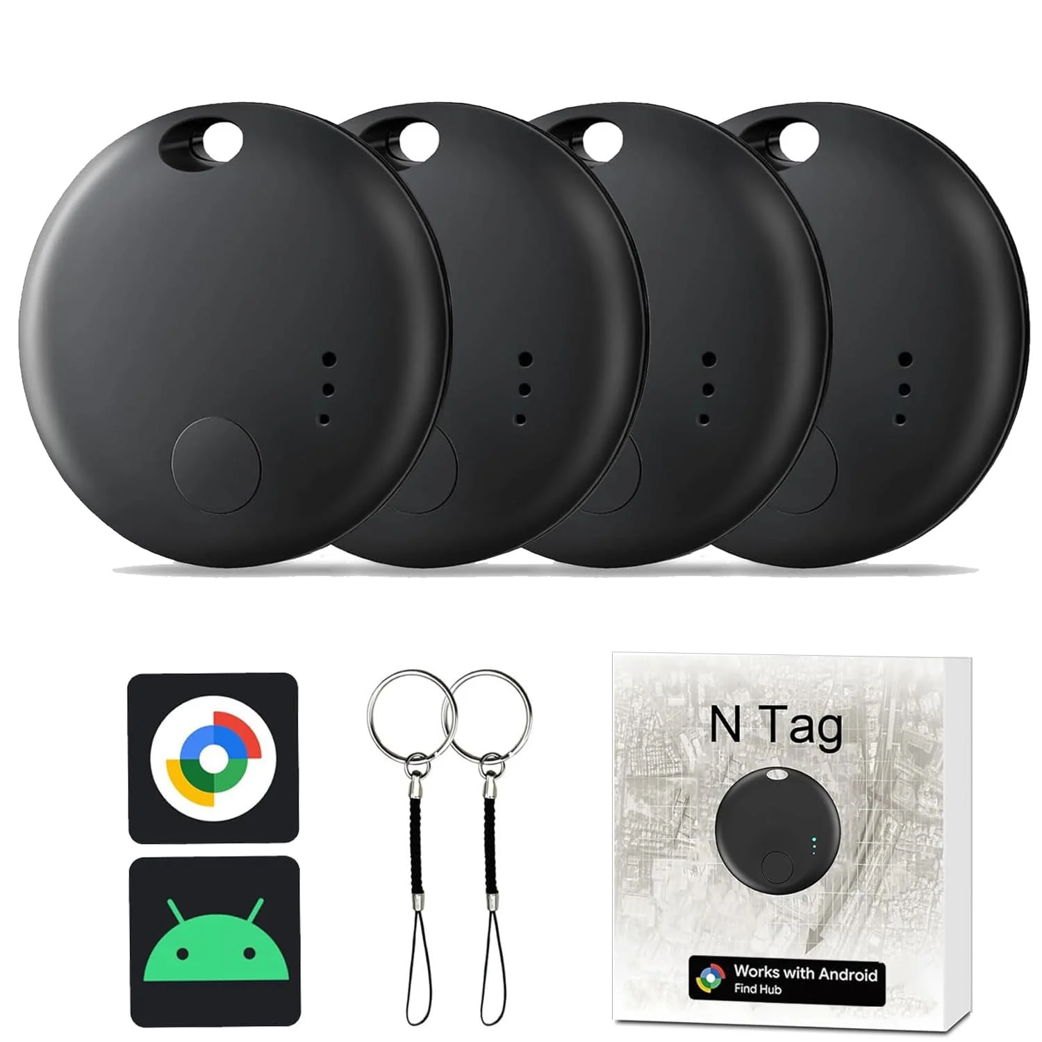 Bluetooth Smart Tracker Tags für Android (4er Pack),Air Tracker Tag Kompatibel Mit Google Find Hub App,Austauschbare Batterie,Schlüsselfinder & Ortungsgerät für Schlüssel,Brieftasche,Gepäck (Black-4)