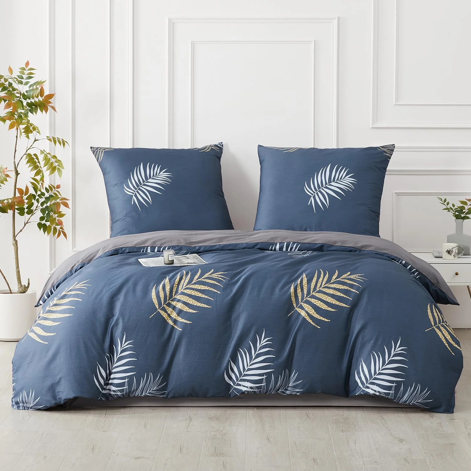 SAPHREAS Bettwäsche 200x200 Blau Bettwäsche Sets Baumwolle Blätter Pflanzen Botanisch Bettwäsche 3teilig Kuschelige 1 Dunkelblau Bettbezug 200x200 cm mit Reißverschluss + 2 Kissenbezüge 80x80 cm