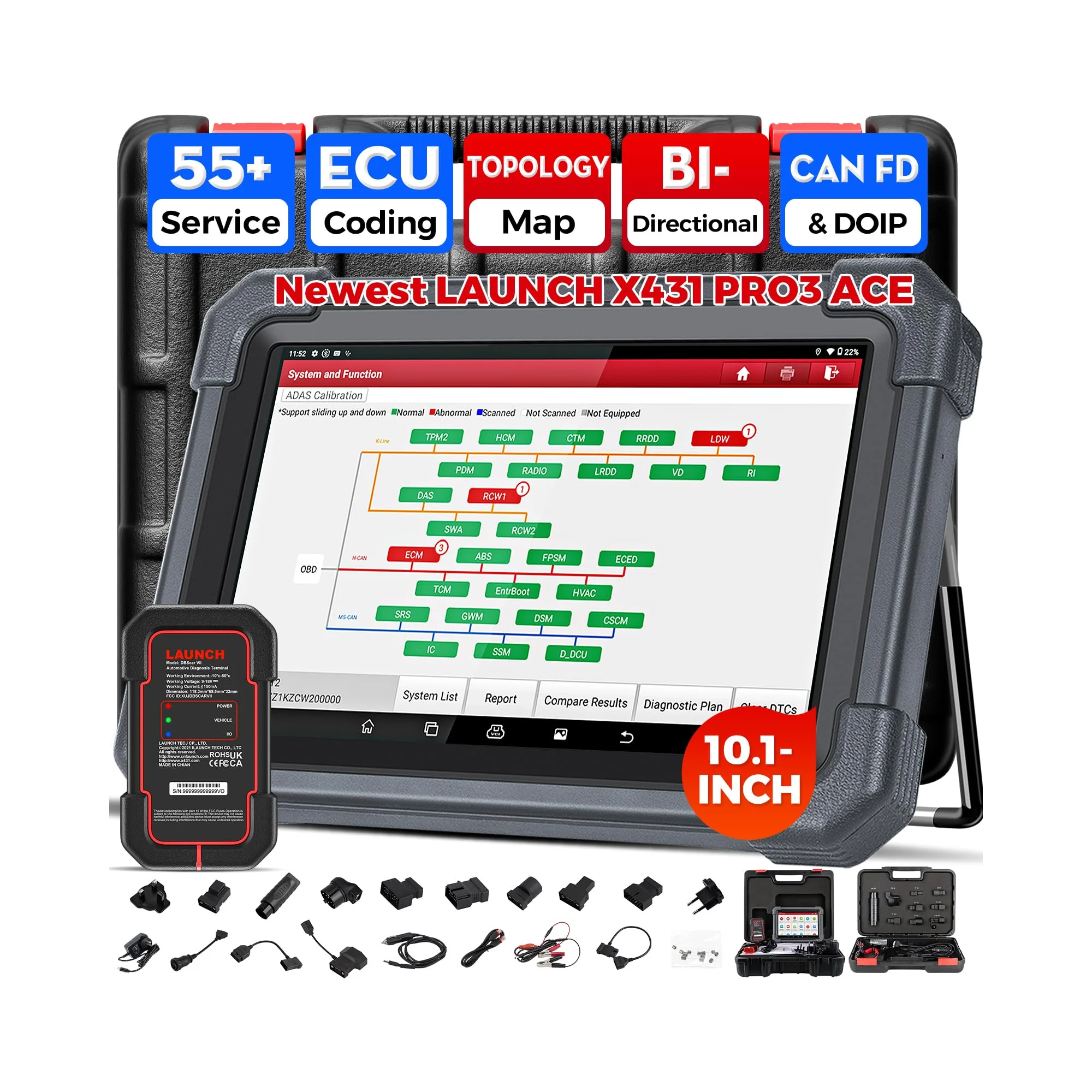 LAUNCH X431 PRO3 ACE OBD2 Diagnosegerät Professionelle ECU Codierung | Kfz Scan Tool mit DBScar VII, Topologie Map, CAN FD & DoIP, 55+ Dienste, FCA, OBD1 Adapter Koffer, für Werkstatt und Hobby