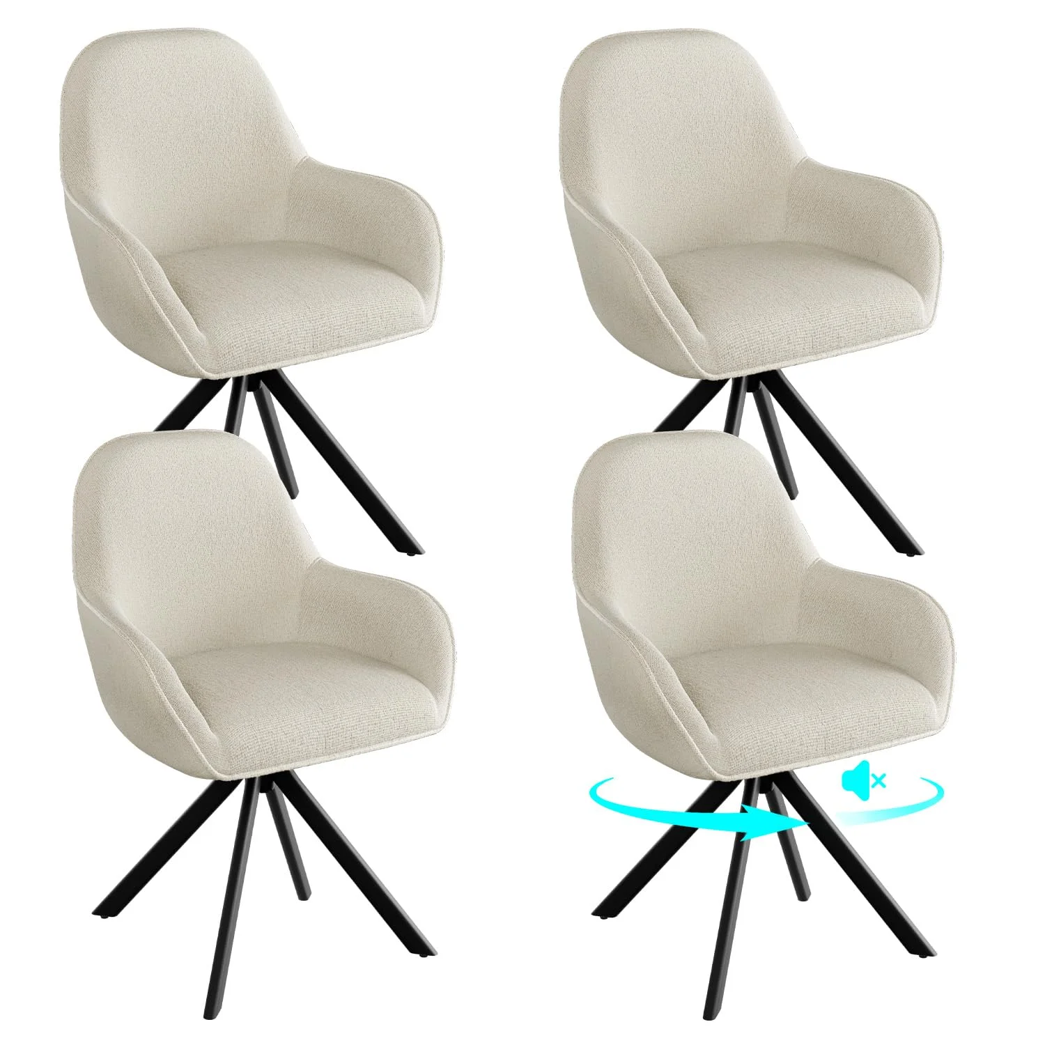 ELUCHANG Esszimmerstühle Drehbar 4er Set, 360° Drehstuhl mit Hohen Armlehnen und 10 cm Dickem Sitzkissen, aus Leinenimitat, bis 150 kg Belastbar für Esszimmer, Wohnzimmer, Büro, Beige