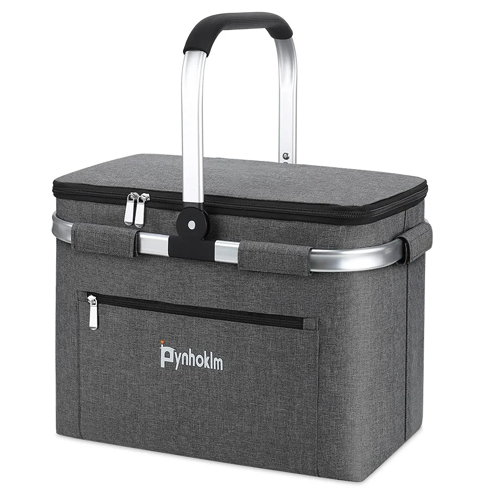 30L Kühlkorb Einkaufskorb mit Seitenstütze isolierte Tragekorb Faltbar Picknickkorb mit Deckel Thermotasche Thermokorb mit Alurahmen Stabiler Korb-für Reisen/Picknick/Einkaufen