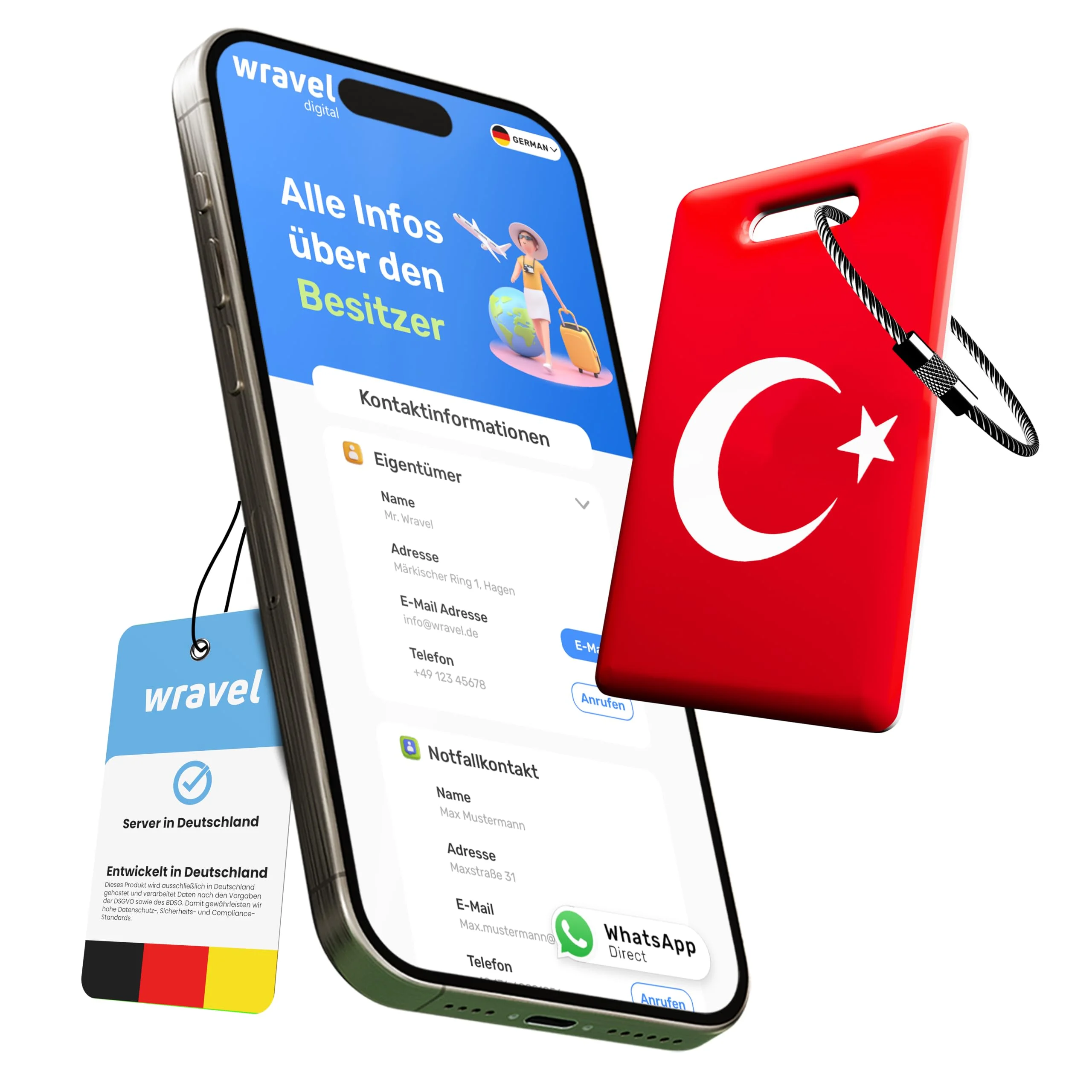 Digitaler Kofferanhänger mit NFC & QR-Code | Smartes Adressschild für Gepäck | Datenschutz statt Namensschild | Wiederverwendbar | Für Reise & Geschäftsreise (Türkei, 70mm x 40mm)