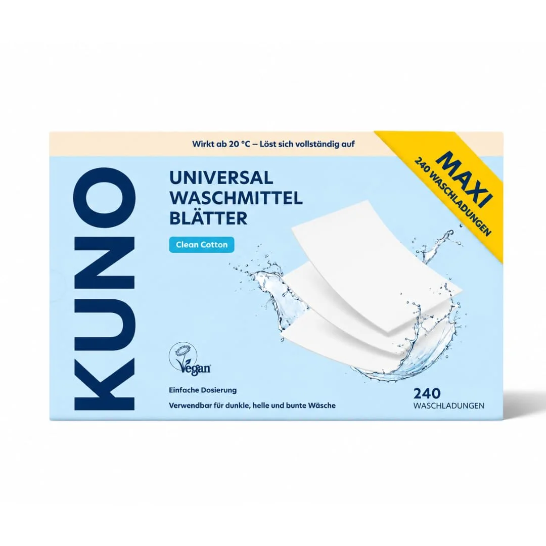Kuno Waschmittel Blätter - 240 Waschladungen - Maxi Pack - Frische Duft | Vordosierte Waschstreifen in Papierverpackung, Universalwaschmittel, Waschmittelblätter für Waschmaschine, Handwäsche & Reise