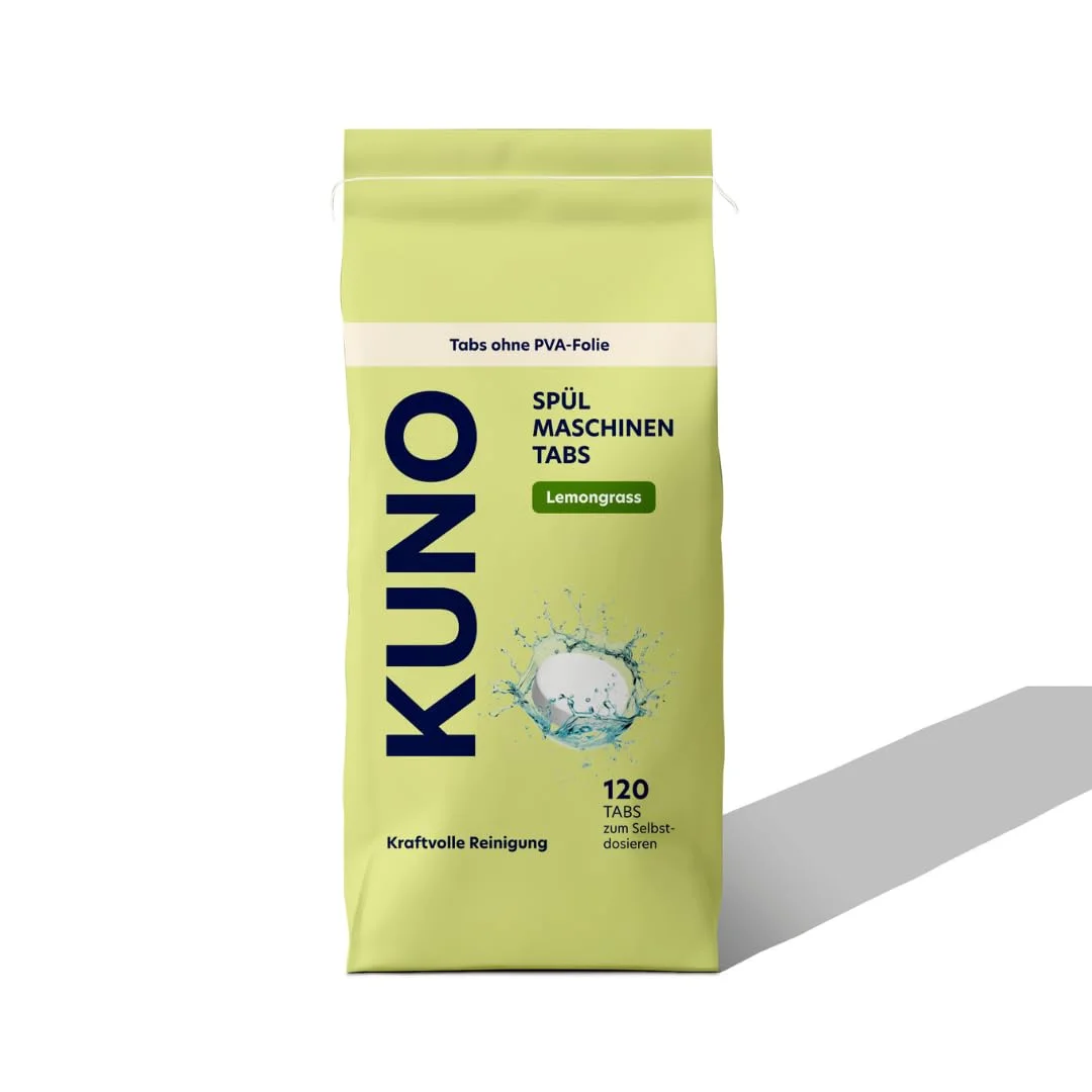 Kuno Spülmaschinentabs Lemongrass 120 Stück – ohne PVA-Folie | Ab 40 °C wirksam, keine PVA-Folie, Papierverpackung ohne Plastik, phosphatfrei, Inhaltsstoffe über 90% biologisch abbaubar