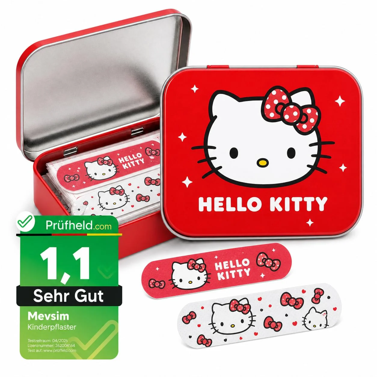[ Test SEHR GUT, Note 1.1 *] Hello Kitty Rot Kinderpflaster Lizensiertes Produkt - Metall-Box - 24 Pflaster - Schönes Design Pflaster Aufbewahrungsbox für Kinder - Geeignet für Rucksack - Handtasche