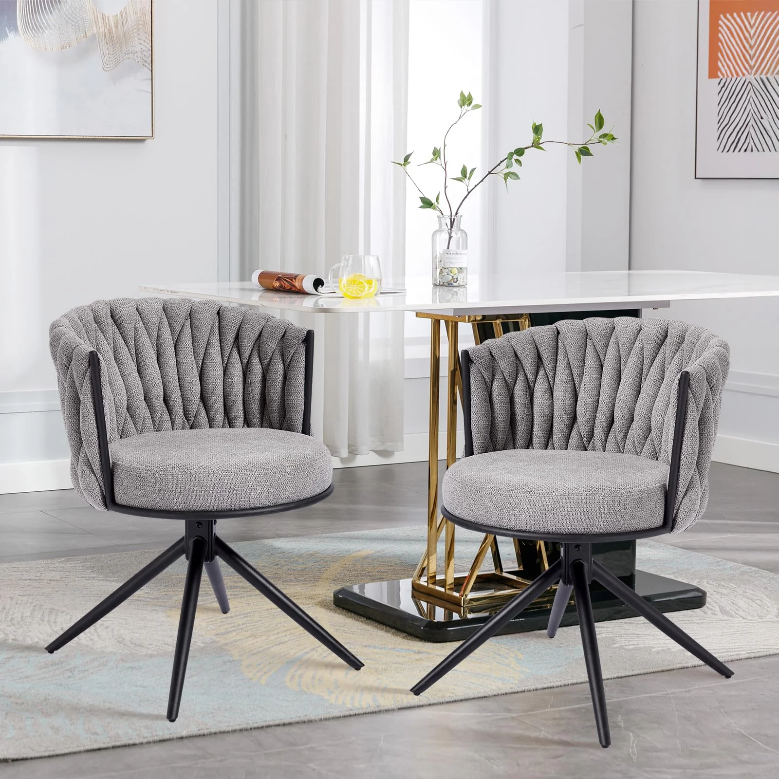BERYTH Esszimmerstühle drehbar 2er Set Stoff Küchenstuhl Moderne Polsterstuhl Metallbeine Drehstuhl mit Armlehnen Rückenlehne für Esszimmer Küche Wohnzimmer Grau