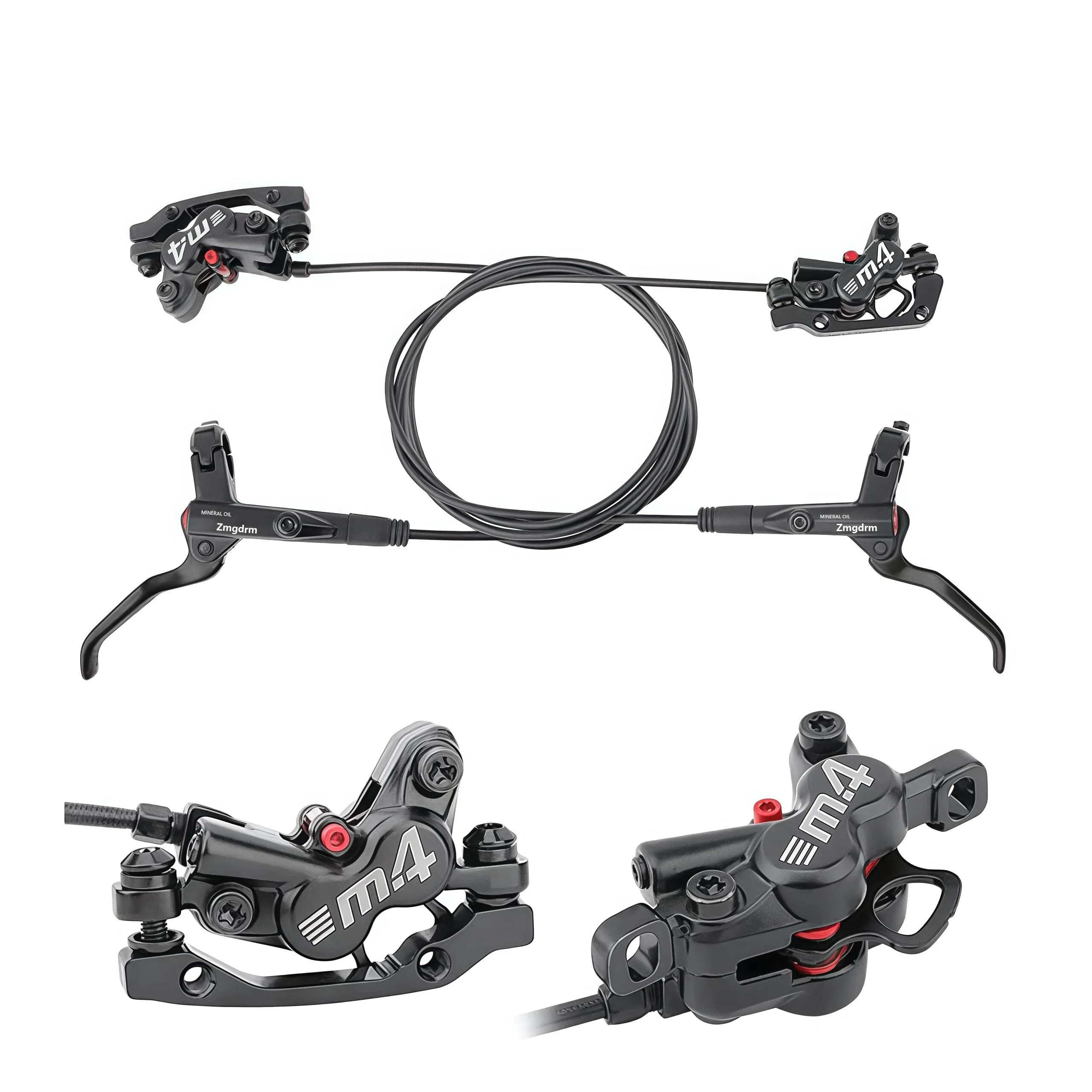 4-Piston MTB Hydraulic Brake Set, Left Front 800mm and Right Rear 1400mm Hydraulic Disc Brake Kit with PM/IS Adapter, Fits for eBike, Mountain Bike and BMX