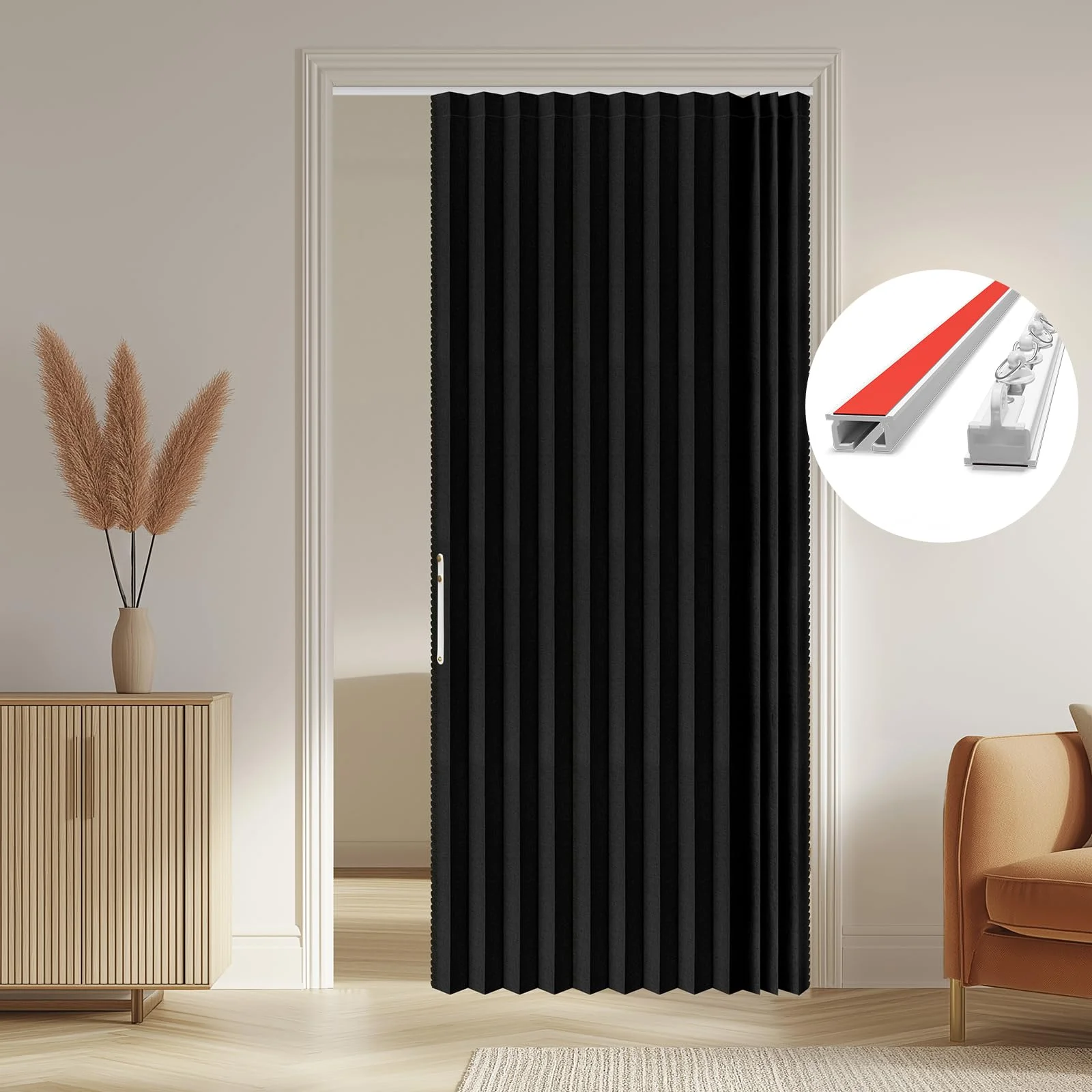 AJAZZ 100% Verdunkelung Türvorhang Ohne Bohren, Schwarz, B140 x H201 cm, Magnetischer Schiebetürvorhang mit Schienen, Akkordeon Faltdesign