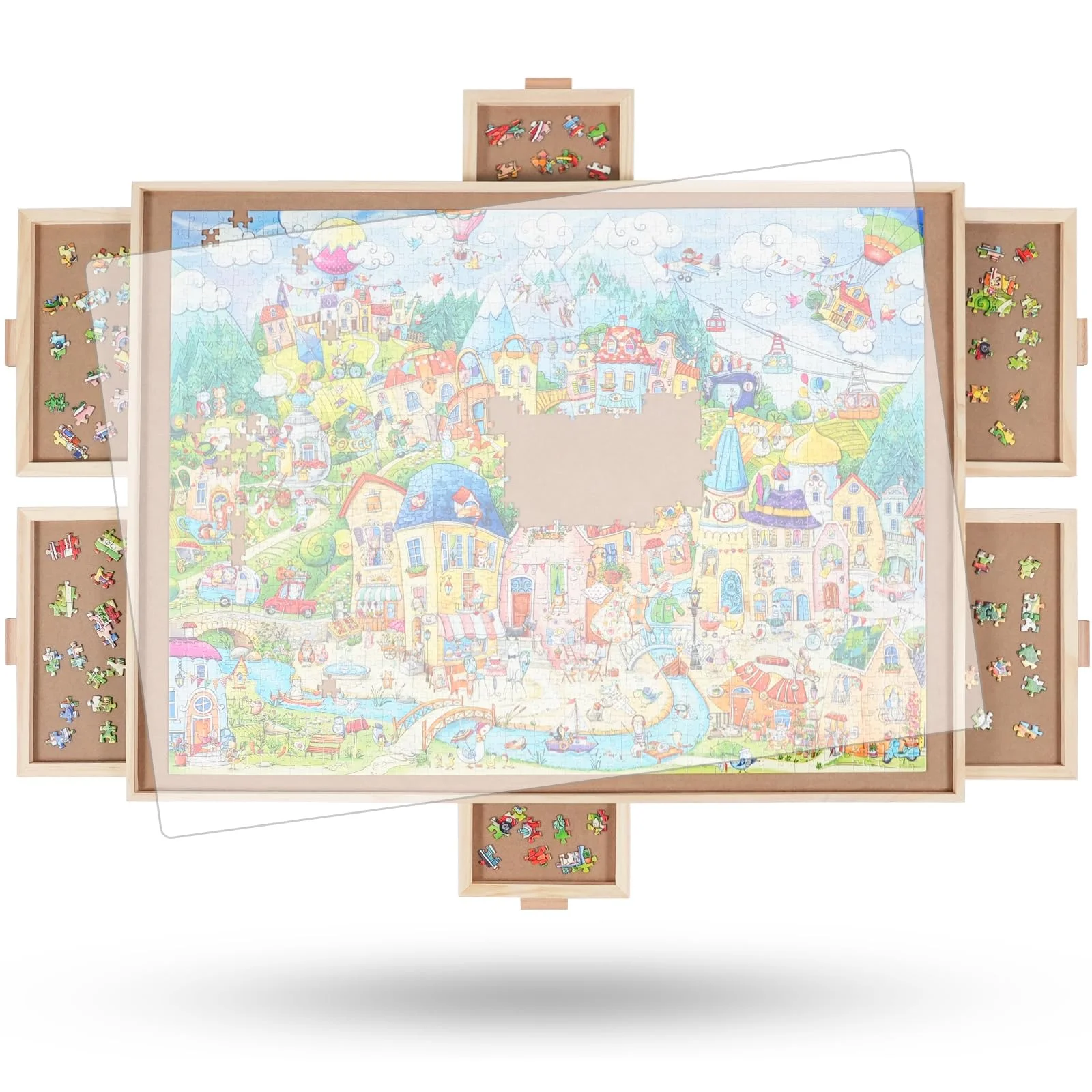1500 Teile drehbares Puzzlebrett mit 6 Schubladen und Abdeckung, 85,3 x 63,3 cm tragbarer hölzerner Puzzletisch für Erwachsene, Lazy-Susan-Drehteller Puzzlebrett Geburtstagsgeschenk für Mama