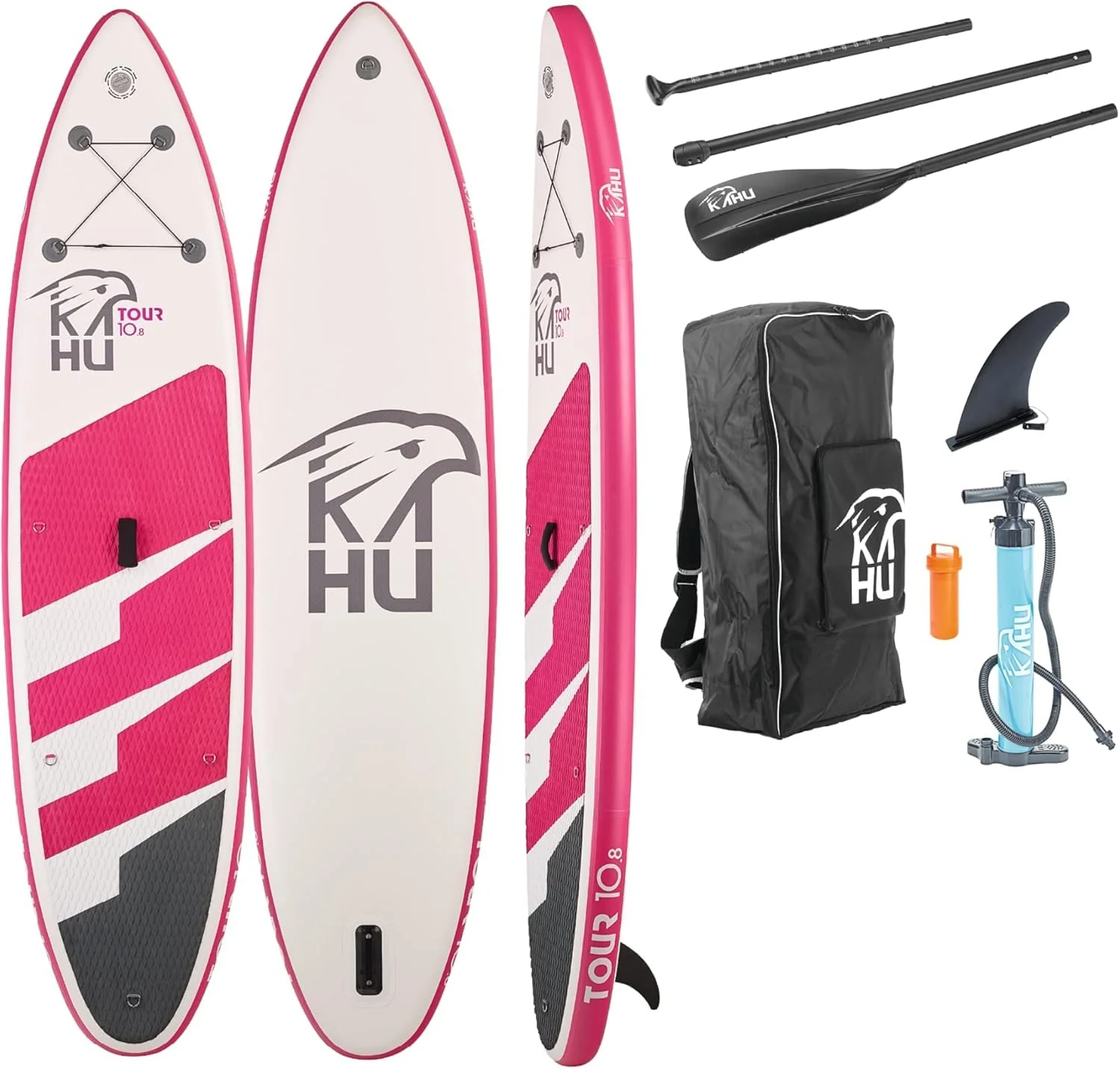 KAHU® Tour 10’8’’ Stand up Paddling Board – aufblasbares iSUP Board komplett Set inkl. Alu-Paddel und Pumpe - Touringboard für Anfänger – 335x78x15cm – 150kg Traglast – Kajak Sitz als Zubehör