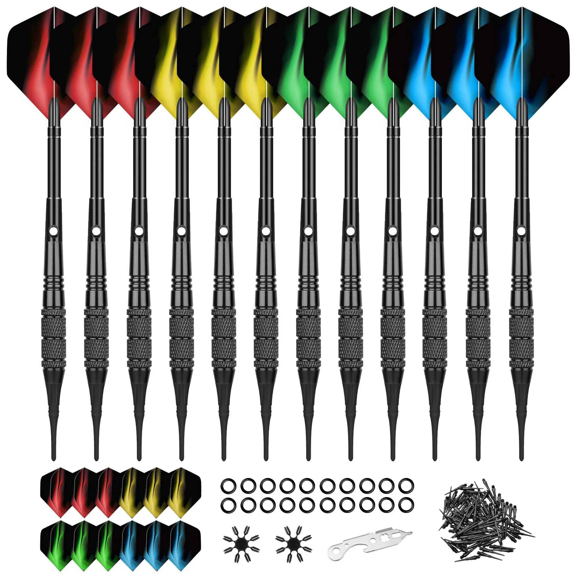 WayArrival Dartpfeile mit Kunststoffspitze 18g, 12 Softdart Pfeile | 12 Softdarts mit Stahl-Barrels, Alu-Schäften, 100 Spitzen, 24 Flights und 20 O-Ringen