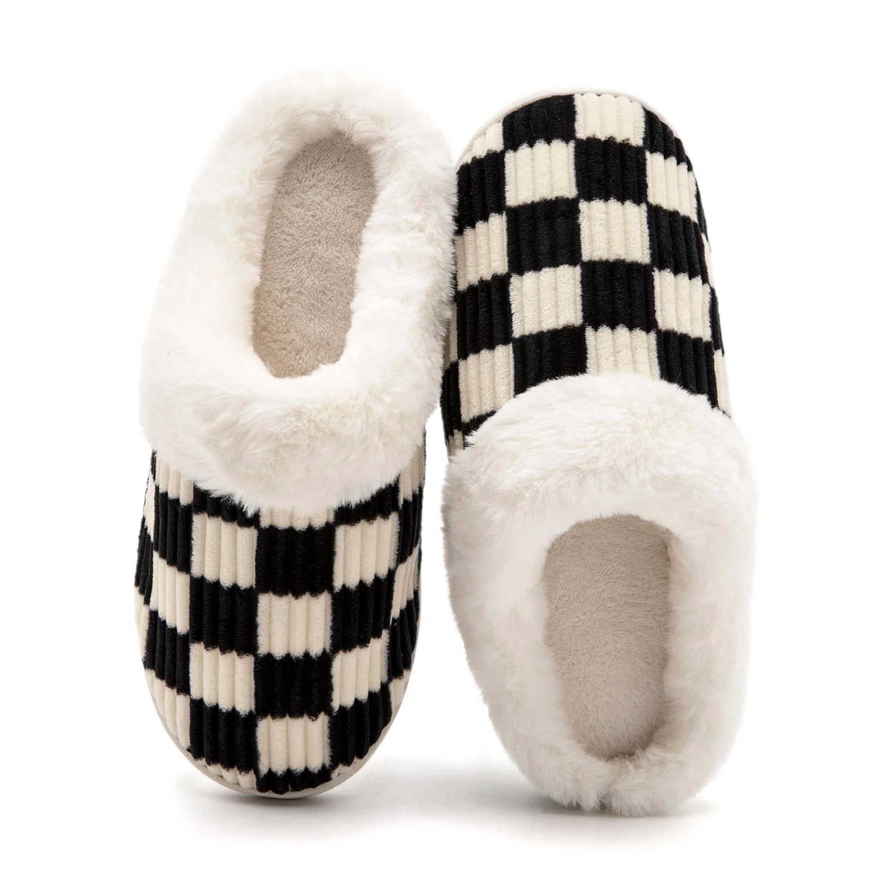 Waysoland Hausschuhe Damen Herren,Flauschige Damen Plüsch Pantoffeln aus Memory-Schaum Kariert Rutschfeste Sohle für Schlafzimmer Winter Slippers für Drinnen Draußen mit Fellfutter