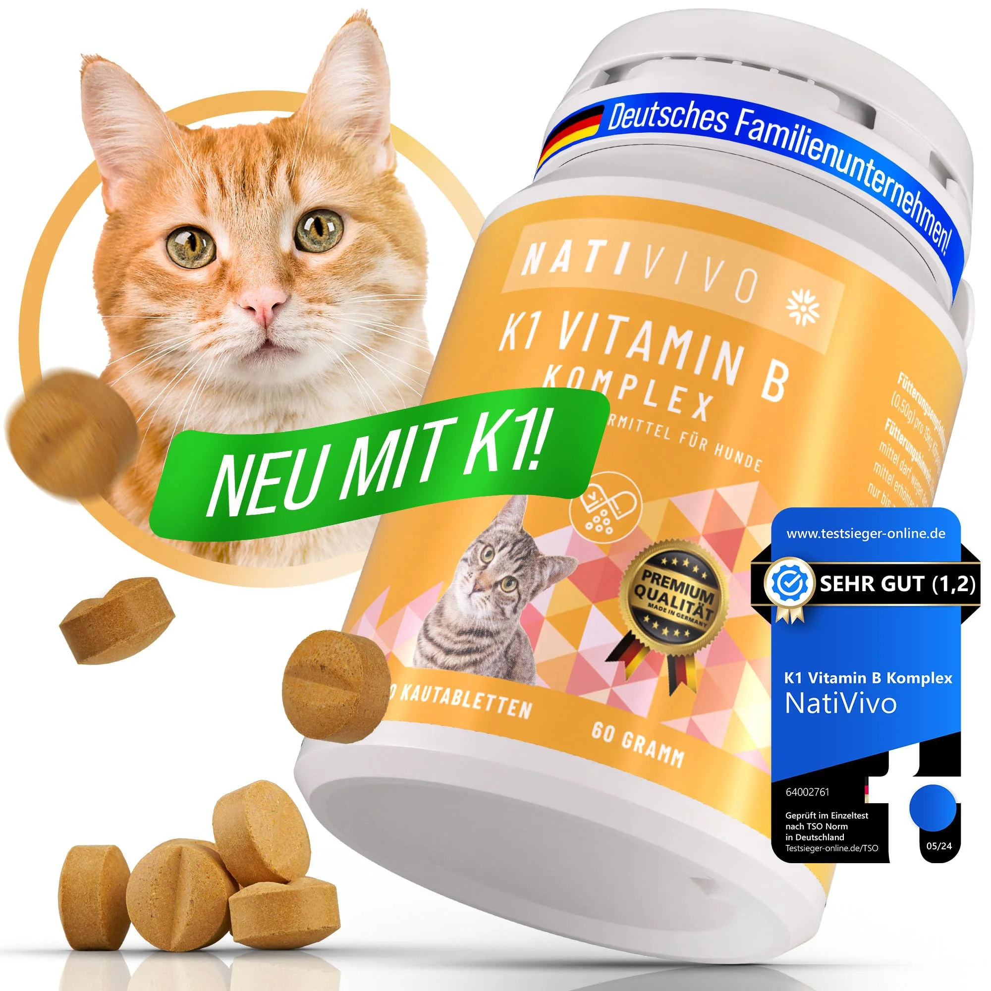 NATIVIVO K1 Vitamin B Komplex Katze - B12 & Folsäure - Made in Germany | Hochdosiert mit Vitamin B1, B2, B3, B5, B6 & B12 - Für Nervensystem & Stoffwechsel - Mit Vitamin K1 - 120 Tabletten