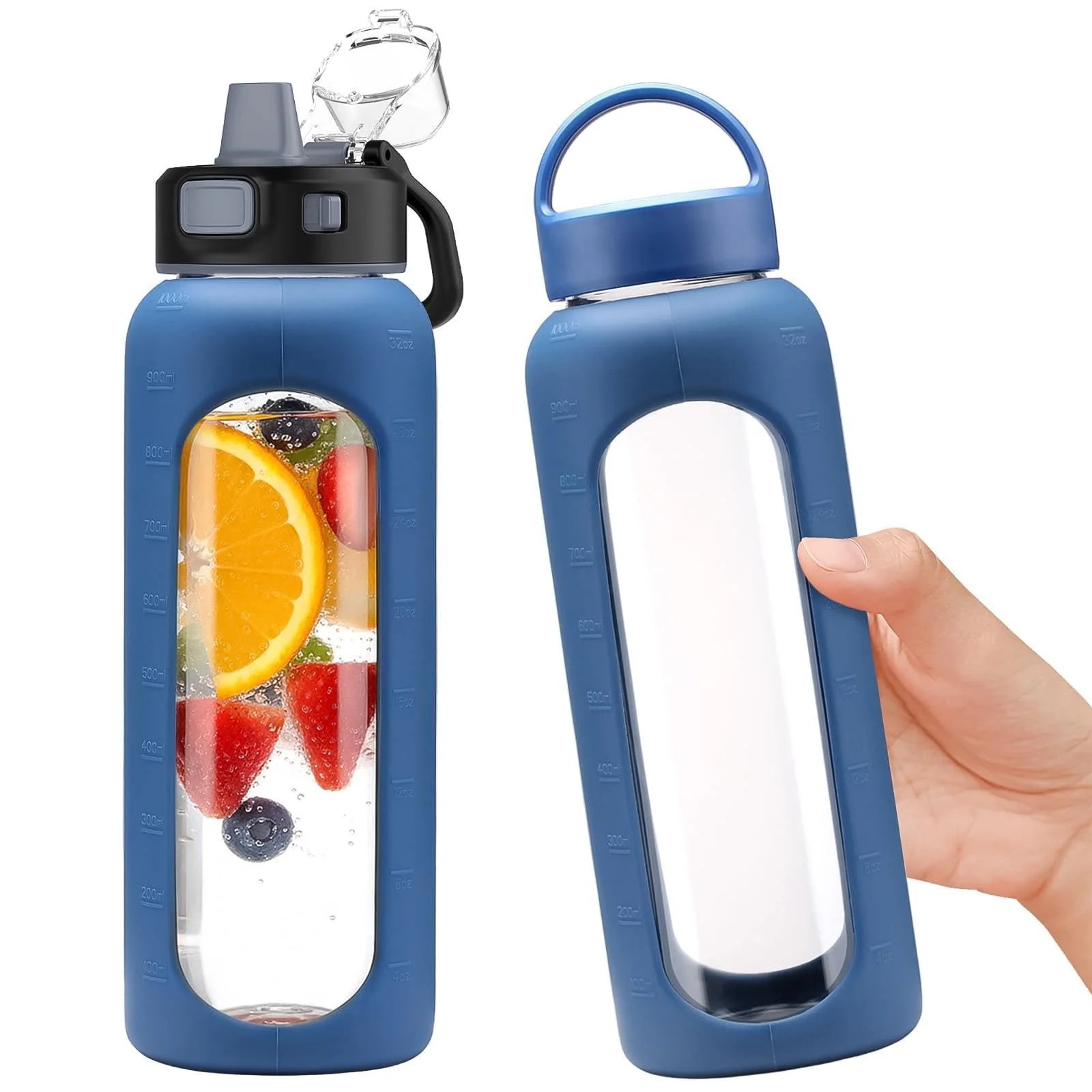 BLUEGO 900ml Glas Wasserflasche mit 2 Deckeln- One-Touch Verschlussdeckel und Griffdeckel Wiederverwendbare Trinkflasche mit Zeitskala für Reisen Zuhause Fitnessstudio Sport BPA-frei,Dunkelblau