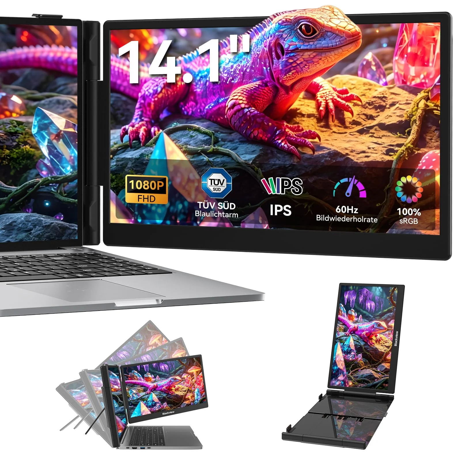 Blackview Laptop Monitor Erweiterung 14" Ultradünn FHD 1080P IPS Portable Monitor, Eingebauter Stand/Lautsprecher, Dual Screen für 13“-17“ Laptops, Plug & Play Geeignet für Mac, Wins, Android