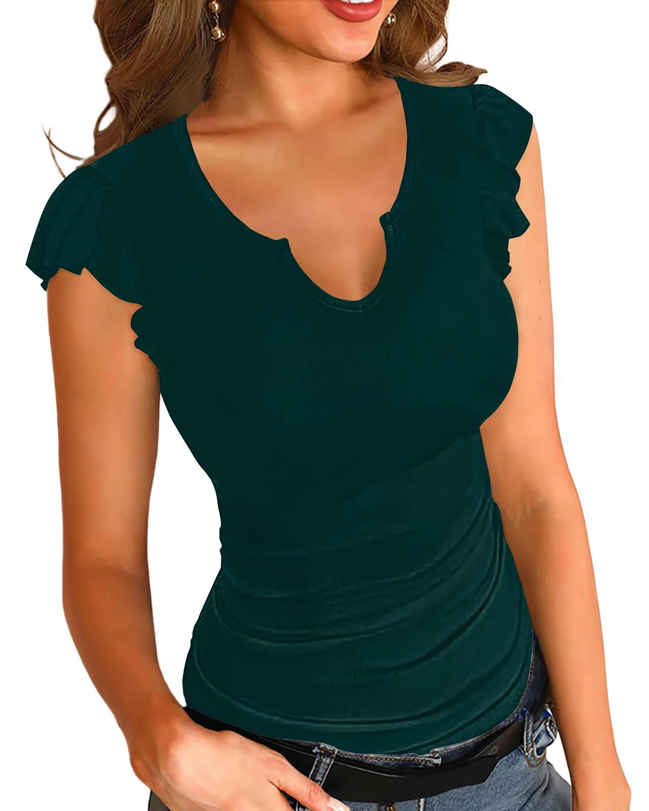 Basicspace Damen Sommer Kurzarm Rüschenmanschette Slim Casual Stretch V-Ausschnitt T Shirt Elegant Sexy Fit Basic Ribbed Top