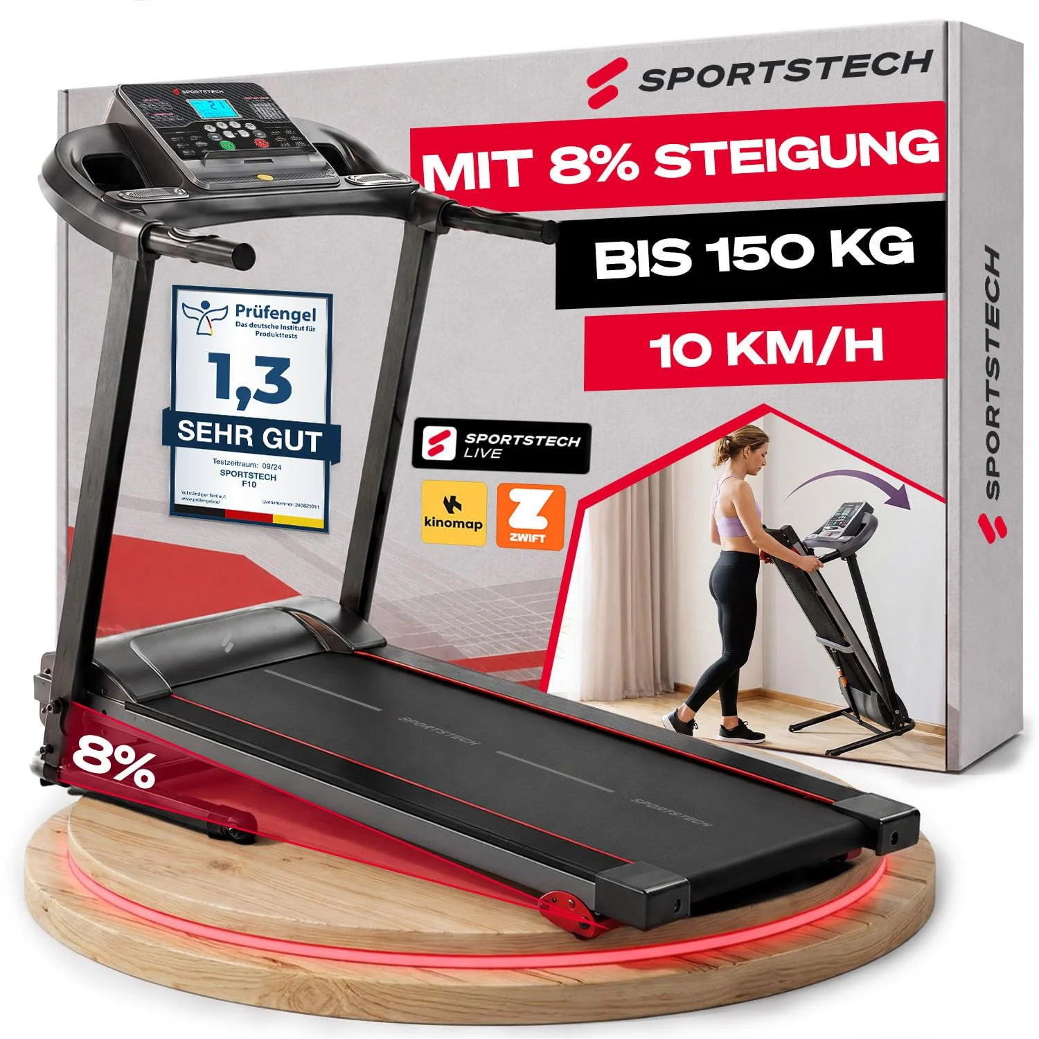 Sportstech F10 Laufband für Zuhause klappbar + Selbstschmiersystem | 10 km/h, 150 kg belastbar, 3 Steigungsstufen, Handpulssensoren, App-Funktion, Tabletholder, LED's, leise, kompakt