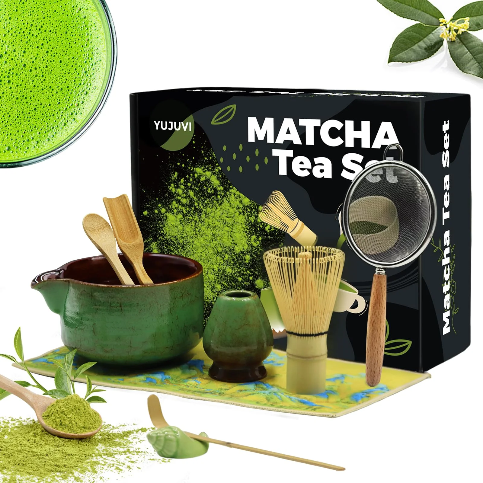 YUJUVI Matcha Tea Set Matcha Set 9-Teiliges Set Matcha Besen Matcha Schale mit Auslauf Japanisches Matcha Tea Set Matcha Besenhalter, Sieb, Schaufel, Tea Set (Wellenmuster Magic Green Set)