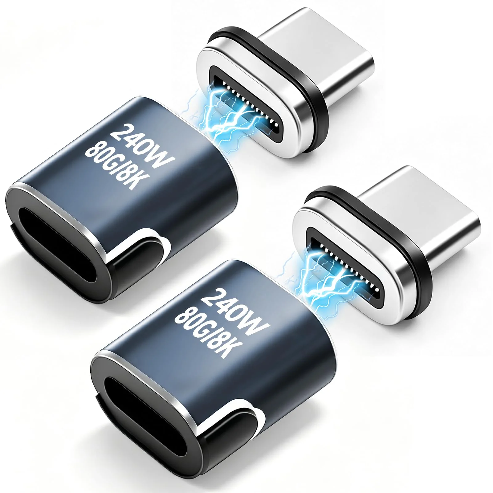 Truhuova USB C Magnet Adapter 240W 2er-Pack, 80Gbps Magnetischer USB 4.0 Typ C Stecker Thunderbolt 5/4 Kompatibel, 8K@120Hz Videoanzeige für MacBook Pro/Air, Laptop und Typ-C Geräte - Zinkfarben