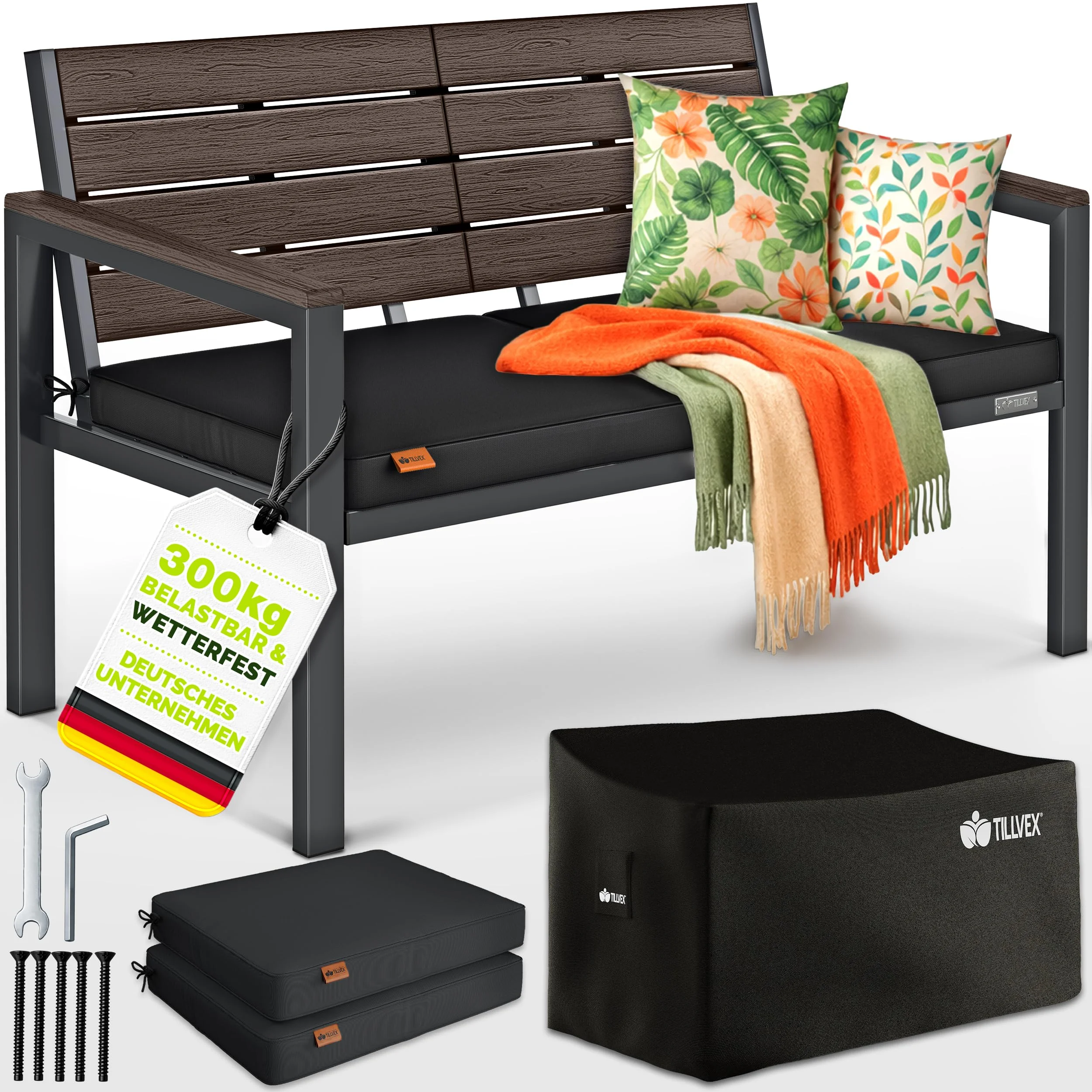 tillvex® Gartenbank Wetterfest 3-4 Sitzer mit Abdeckung & Kissen bis 300kg | Parkbank Holzoptik UV-beständig | Sitzbank inkl. Auflage für Garten Terrasse Balkon | Balkonbank mit waschbarem Polsterbezug