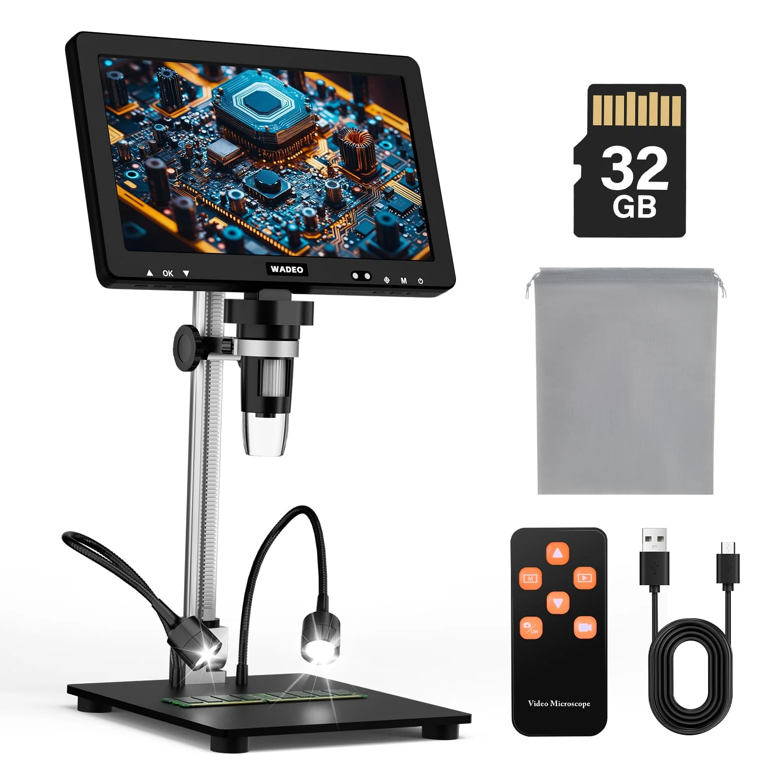 WADEO 10,1-Zoll-LCD-Digitalmikroskop 1500x inkl. 32GB Karte, Tragbares Mikroskop USB-Digitalmikroskop Lötmikroskop mit 8 LEDs und Metallständer, MacOS Windows kompatibel, für Reparaturen und Löten