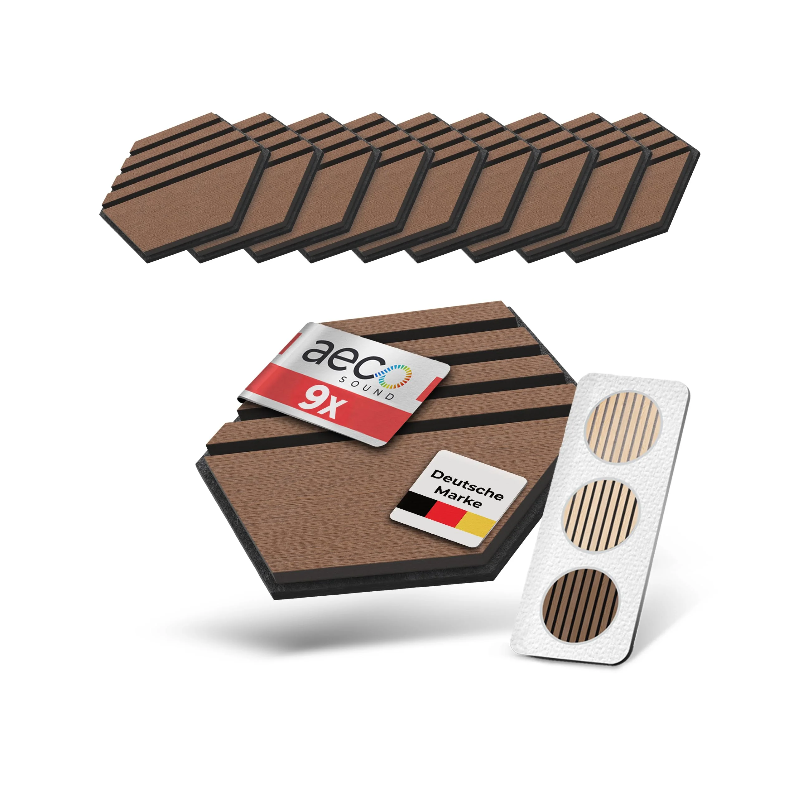 Aeco Sound® Akustikpaneele Holz - selbstklebend - Echtholz & Akustikfilz | 9 Stück - Hexagon Wandpaneele, Schalldämmung, Wandverkleidung - Eichenholz (dunkel) & extra dicker Akustikfilz (Schwarz)
