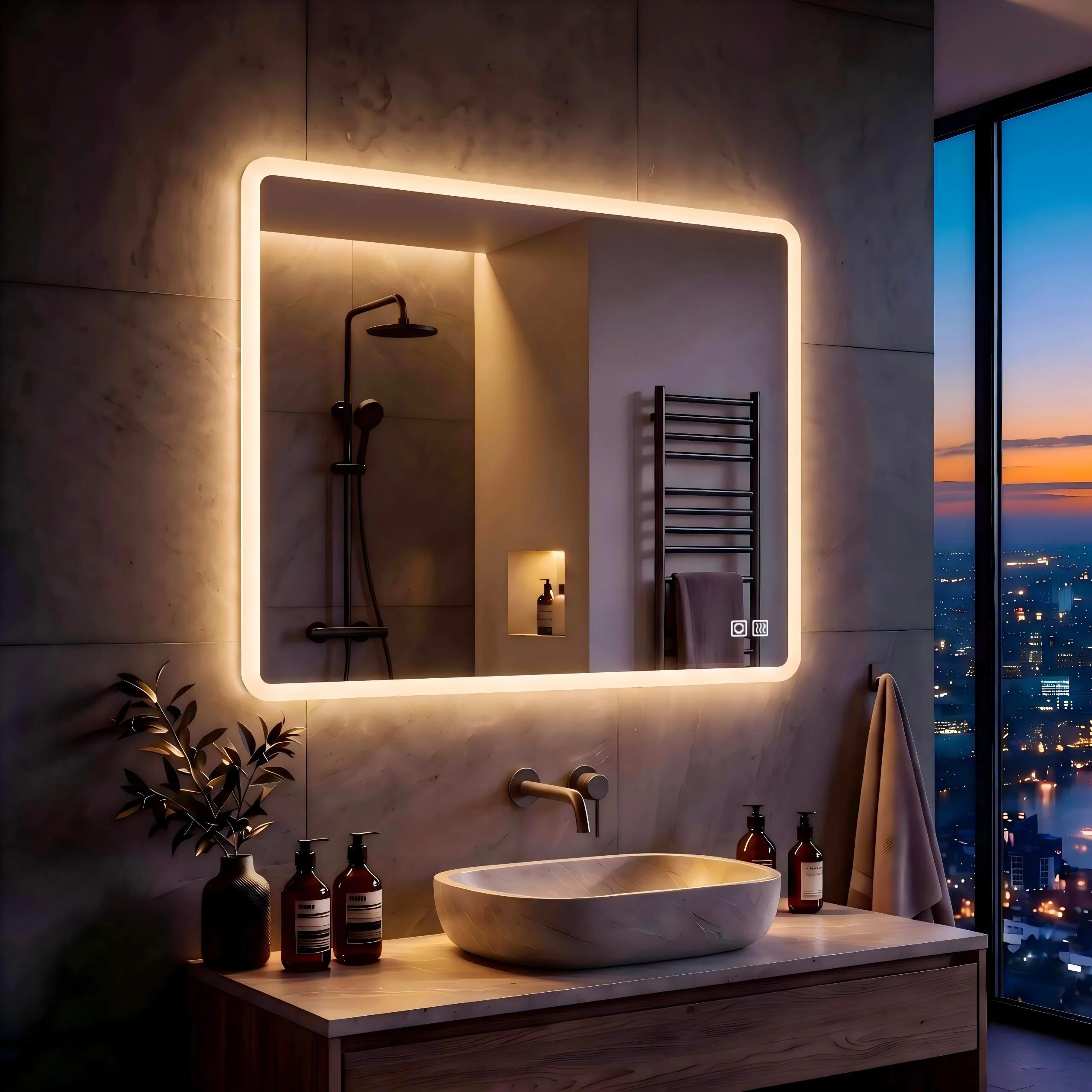MIQU Badspiegel LED 60 x 50 cm Badezimmerspiegel mit Beleuchtung warmweiß/kaltweiß dimmbar Lichtspiegel Wandspiegel mit Touch + beschlagfrei rechteckig