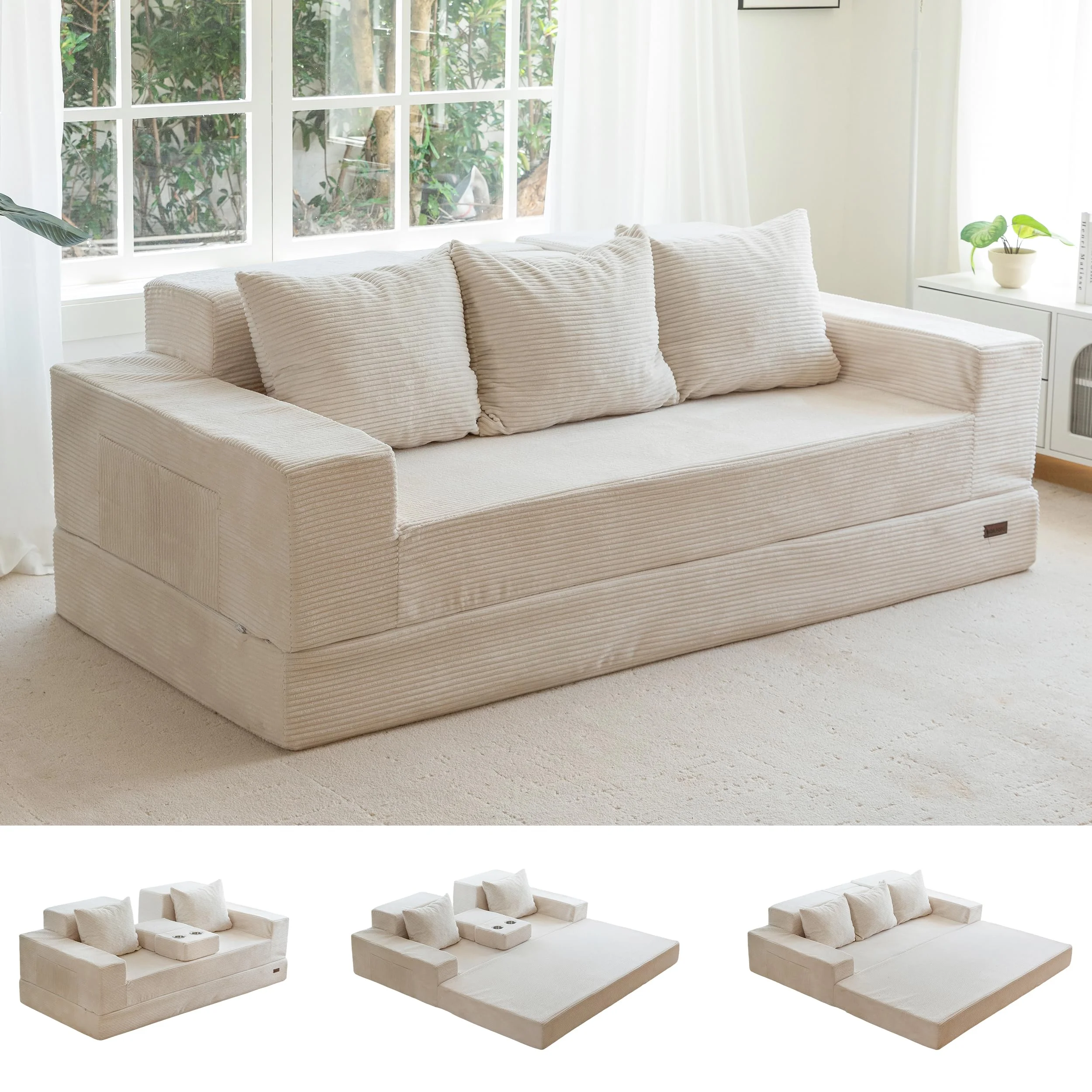 MAXYOYO Schlafsofa, Cord-Bodencouch, Klappsofa mit Getränkehalter und Dekokissen, Bequemes Kompressionssofa für Wohnzimmer, Schlafzimmer, Gästezimmer | Schlafsofa mit Getränkehalter und Kopfkissen, Lazy Kompressionssofa für Wohnzimmer, Schlafzimmer, Gästezimmer
