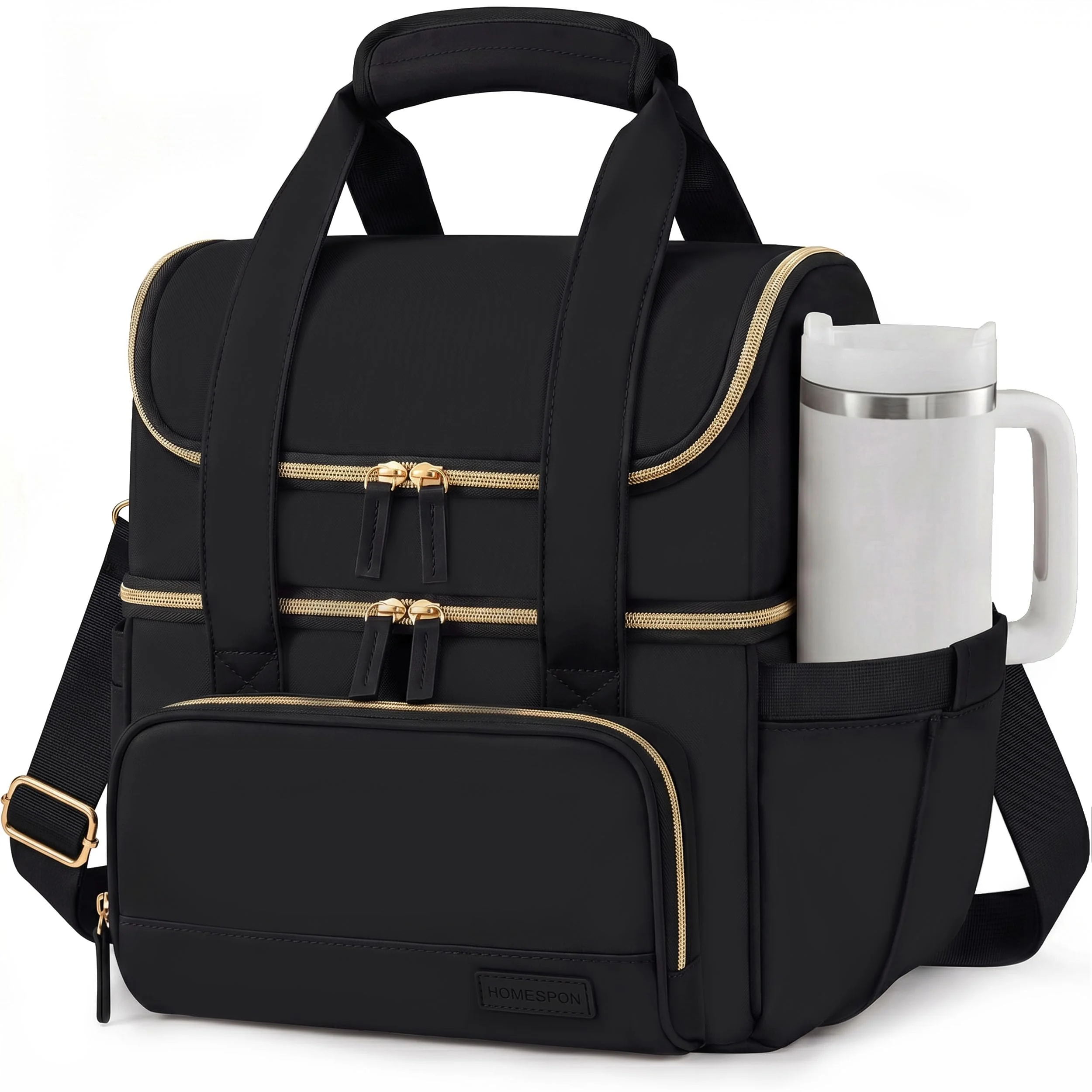 HOMESPON Doppellagige Isolierte Kühltasche mit Schulterriemen, 12L | Dichter Kühlboden, Becherhalter & Schnalle, Netztasche, Oxford, 3-fach