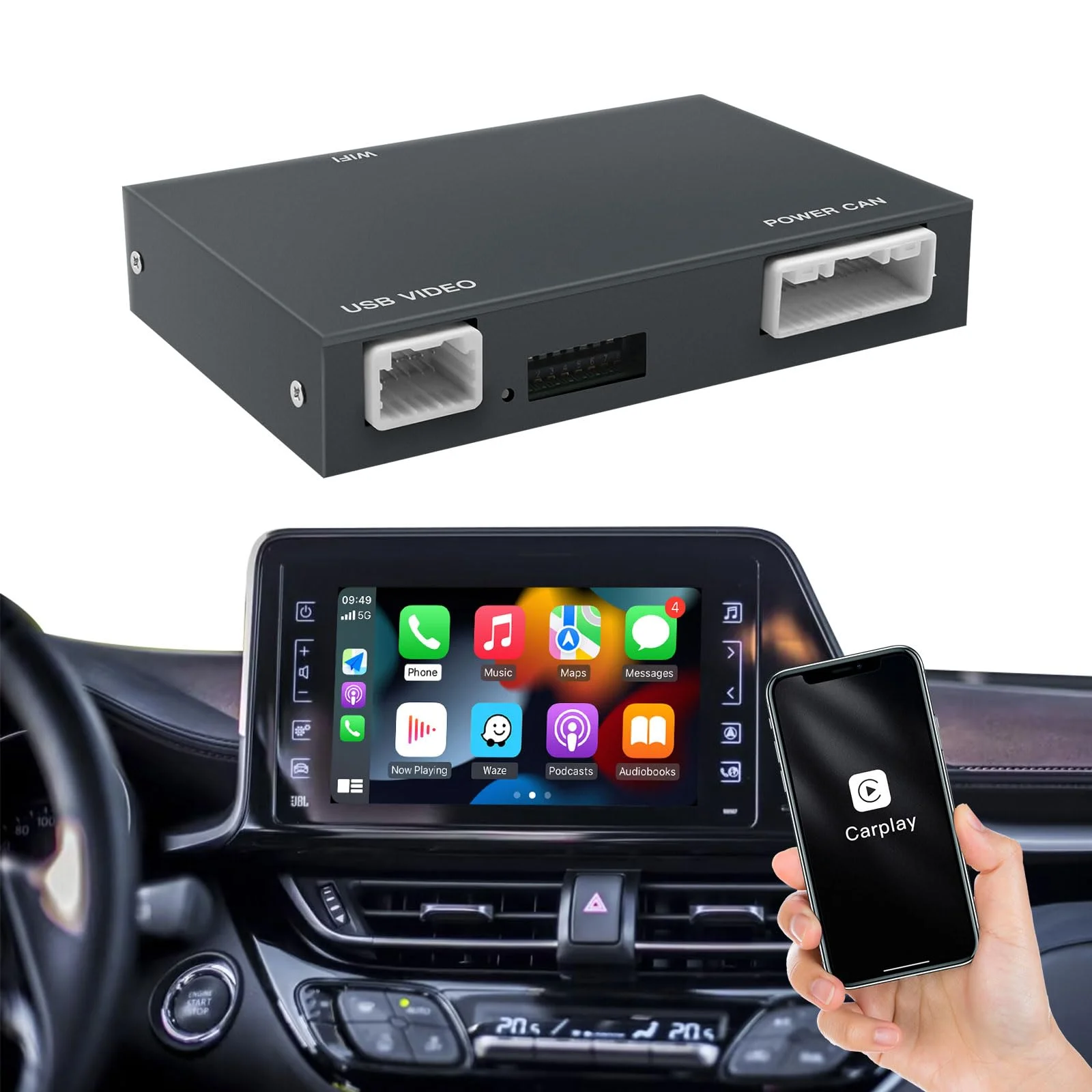 CARabc Wireless Carplay Android Auto Adapter für Toyota mit Entune2.0 2014-2019, passend für CH-R/Tundra/RAV4/Corolla/Auris/Camry/Avalon/Prius/Highlander/Sienna,Dunkelgrau